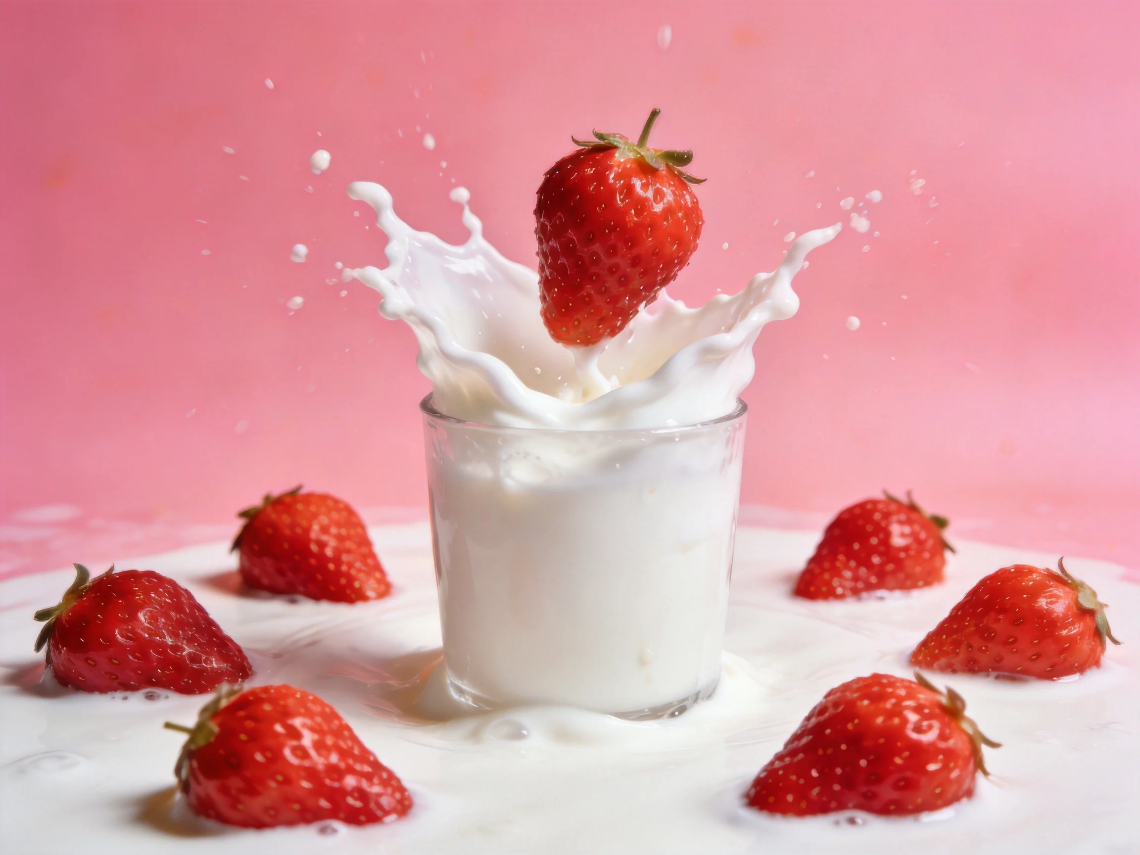 Vibrant red strawberries splashing into milk against bright pink backdrop