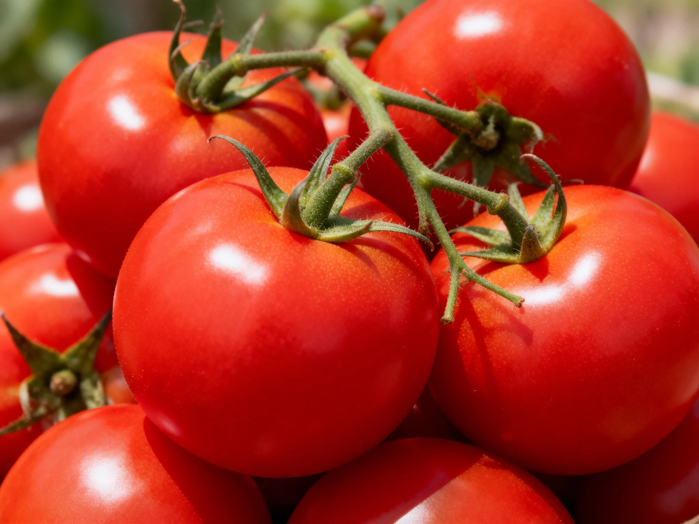 Vibrant red tomatoes clustered on green vines under sunlight