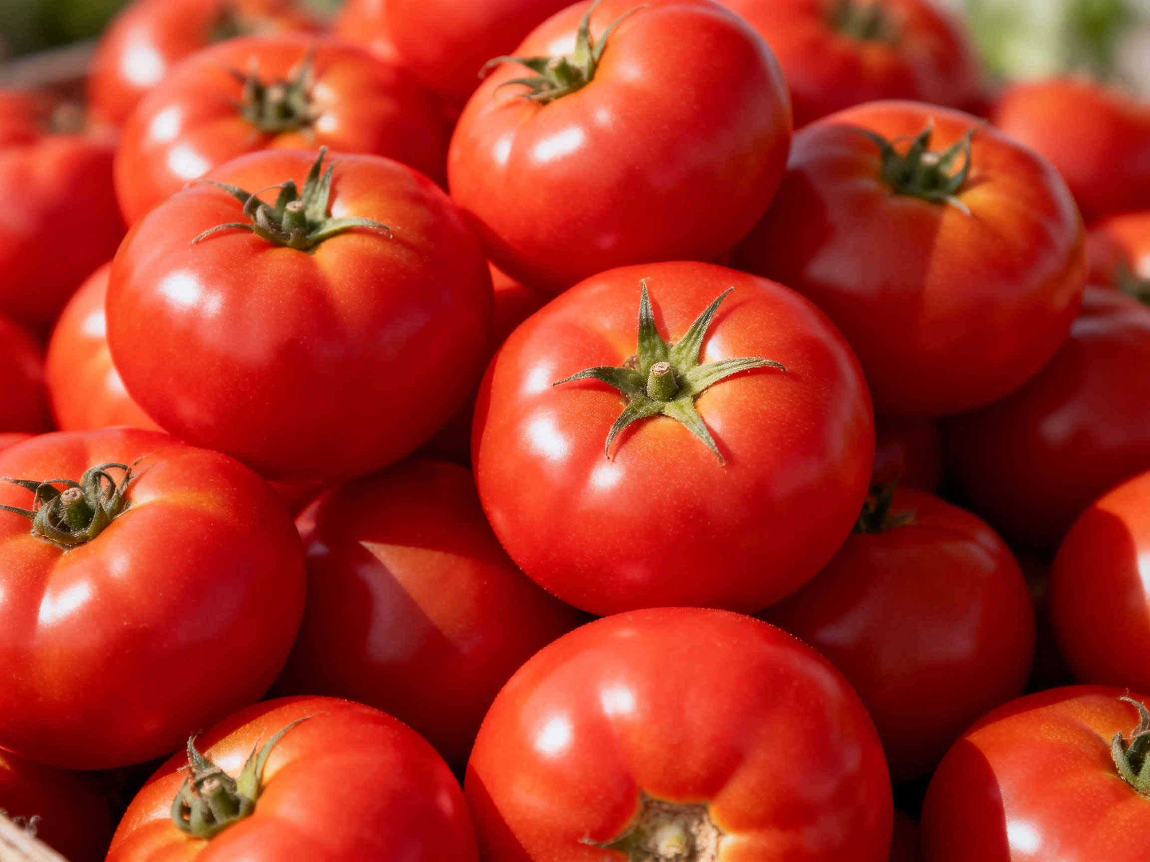 Vibrant red tomatoes piled densely in a close cluster