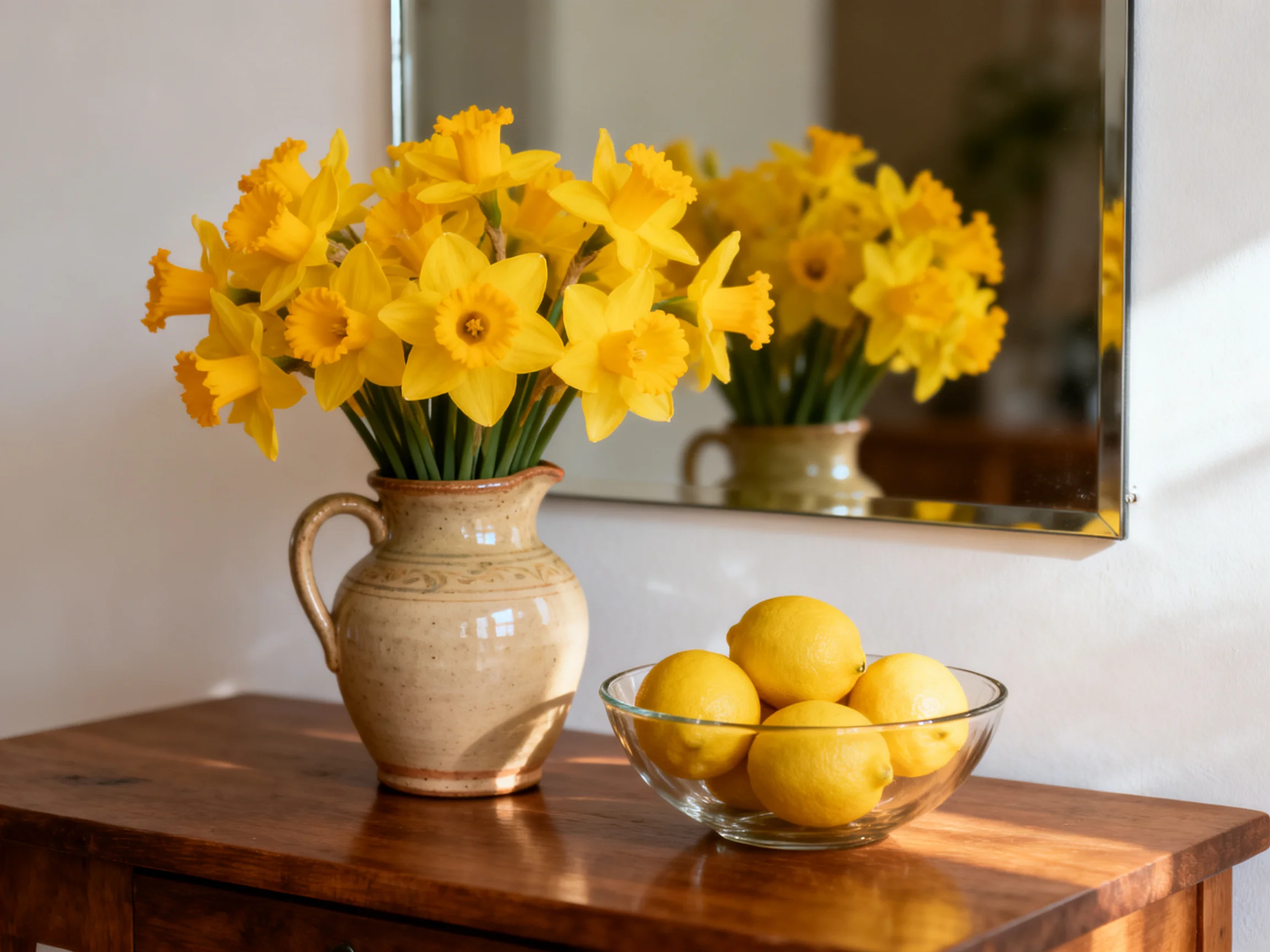 Vibrant yellow daffodils in a ceramic pitcher beside a glass lemon bowl on a wooden table