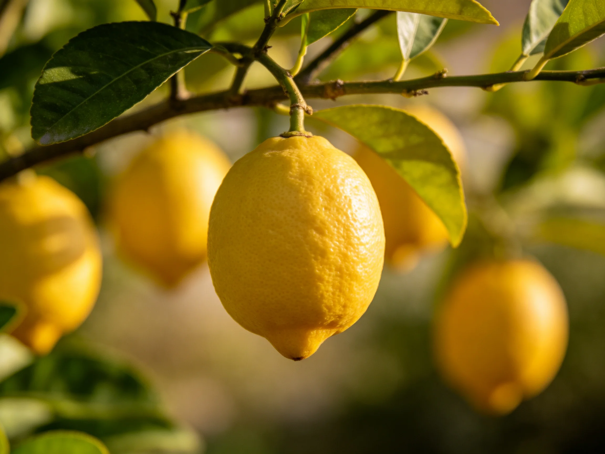 Vibrant yellow lemons hang from a lush green lemon tree branch