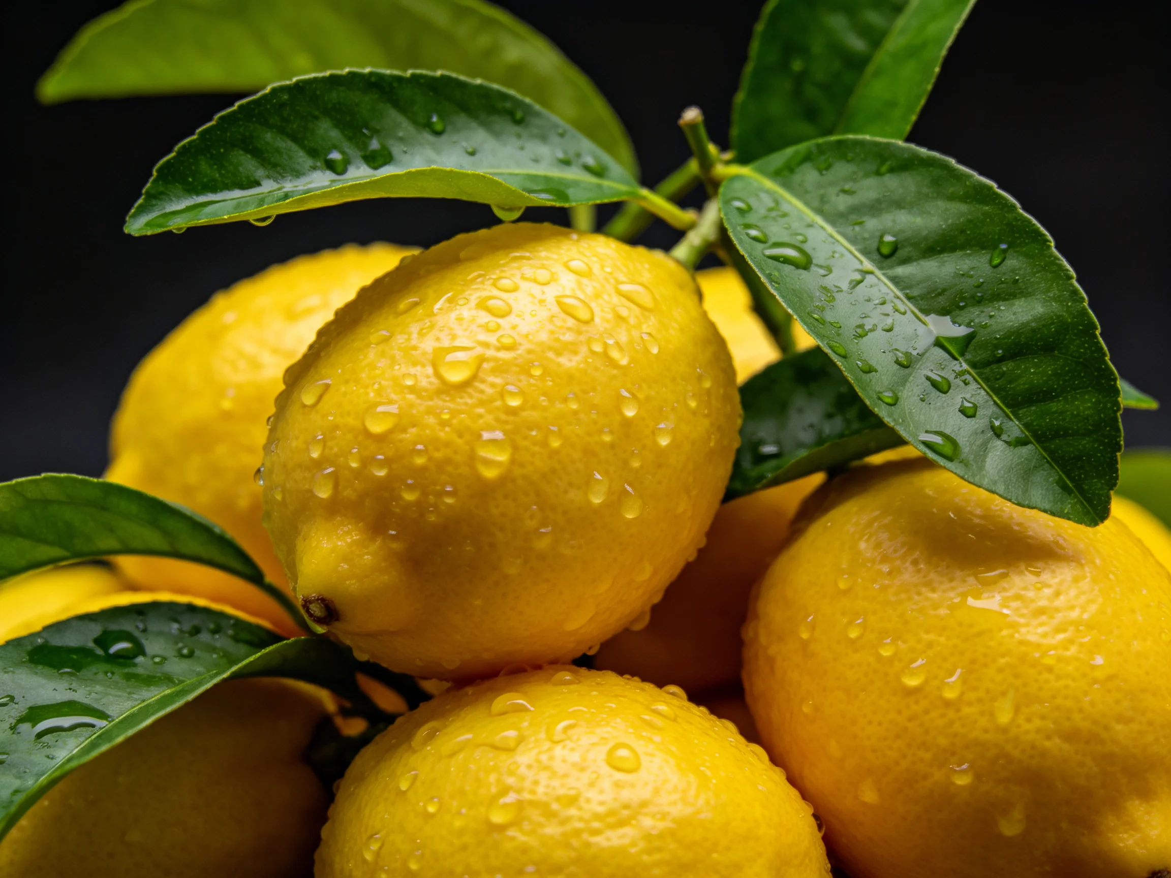 Vibrant yellow lemons with green leaves and water droplets