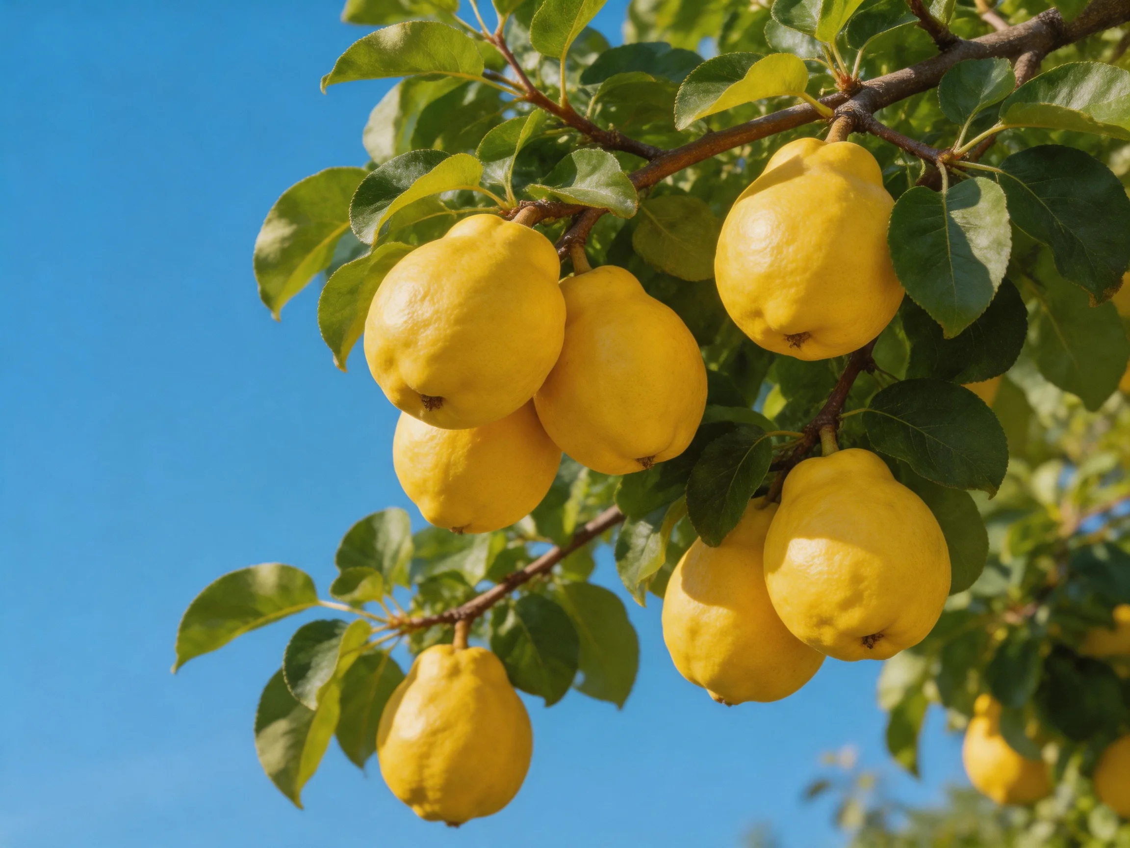 Vibrant yellow quince fruits cluster on a tree with glossy green leaves under clear blue sky