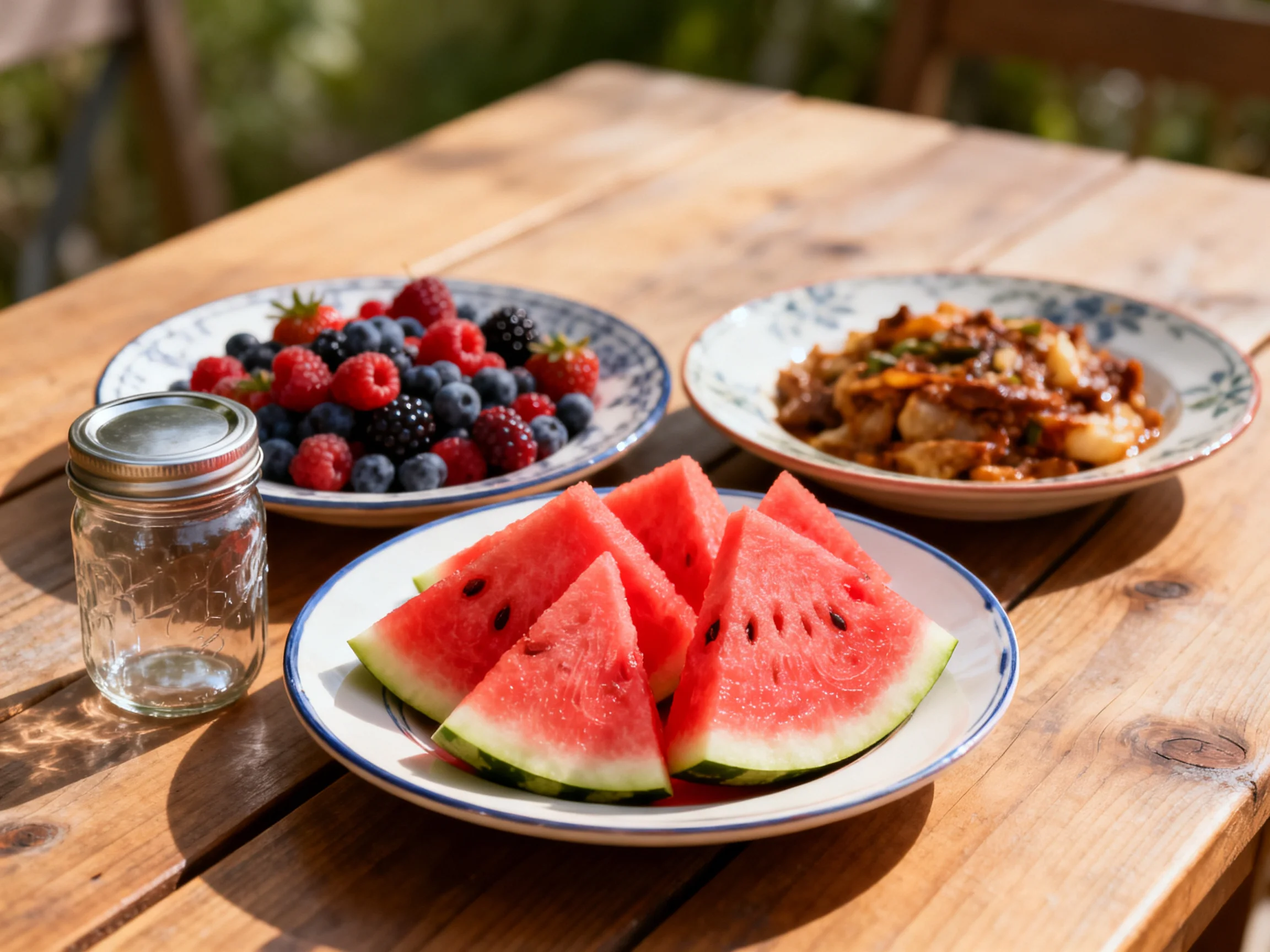 Watermelon slices, mixed berries, and a savory dish on a wooden outdoor table