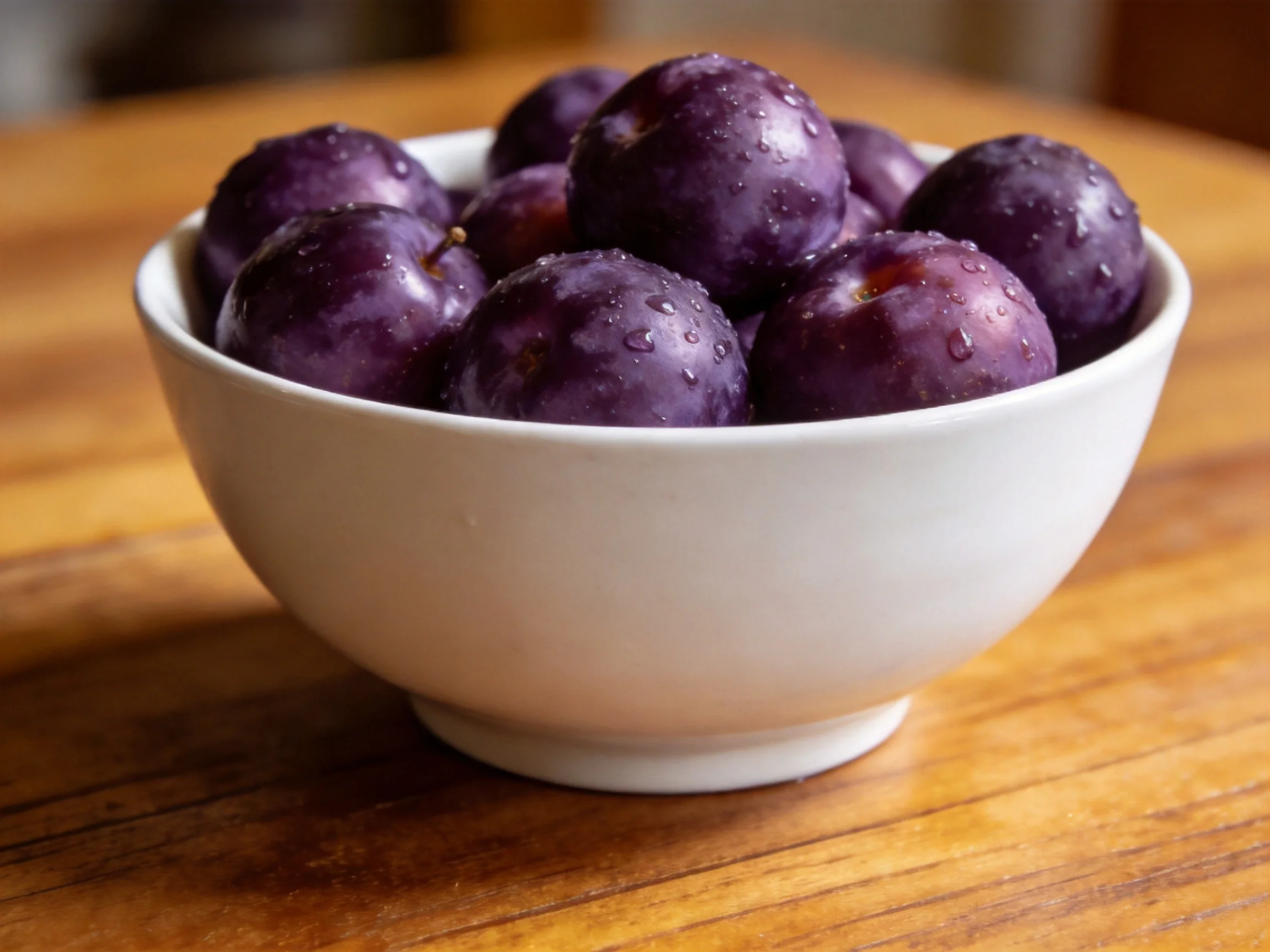 White bowl filled with rich purple plums on a wooden table