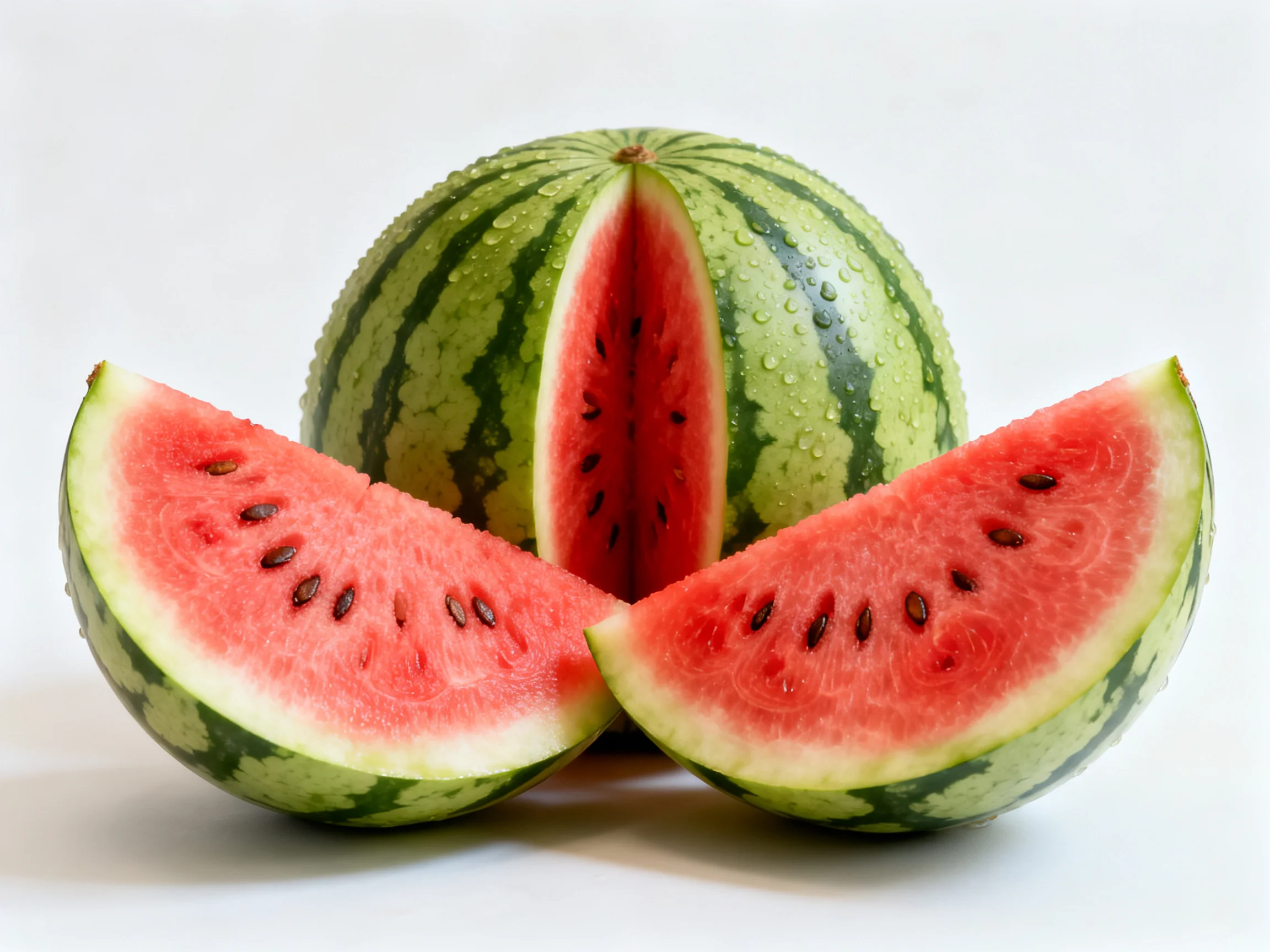 Whole and sliced watermelons with bright red flesh