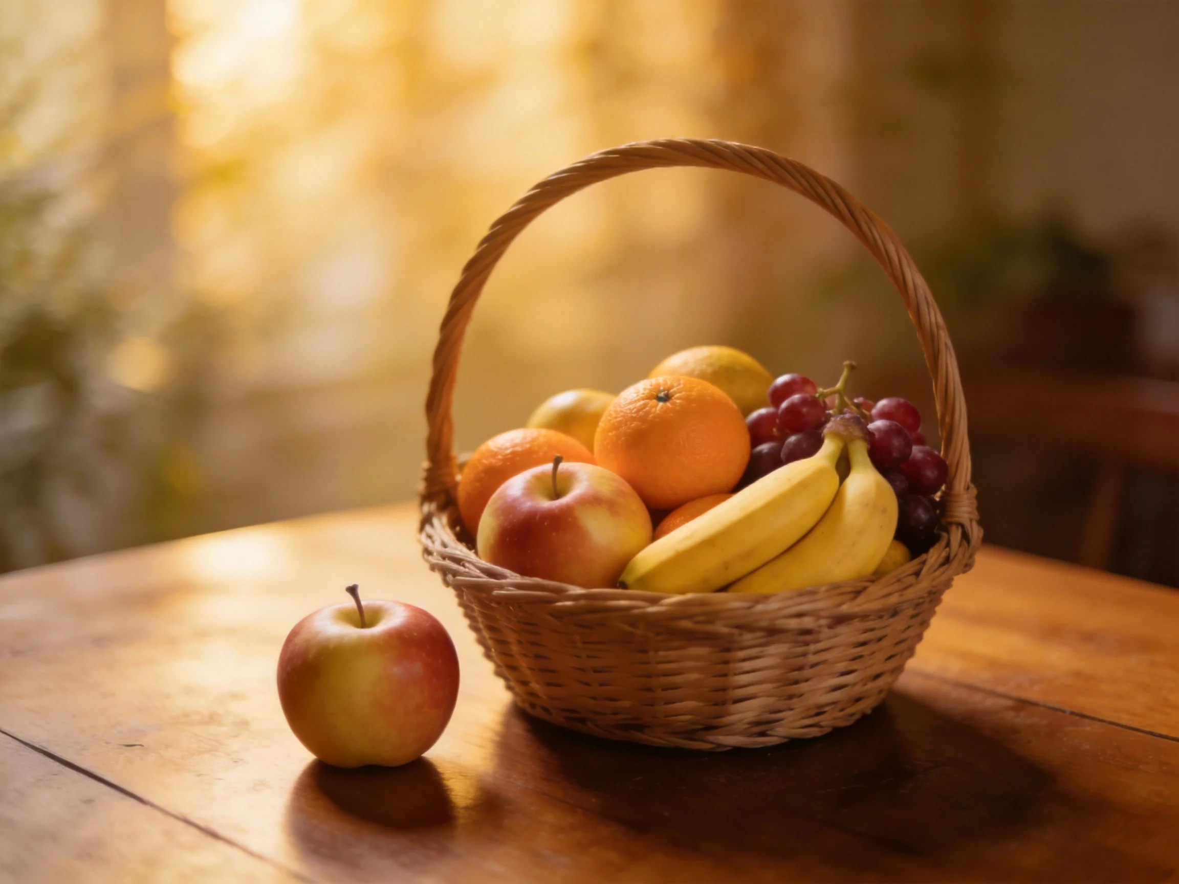Wicker basket brimming with colorful fruits rests on a wooden table