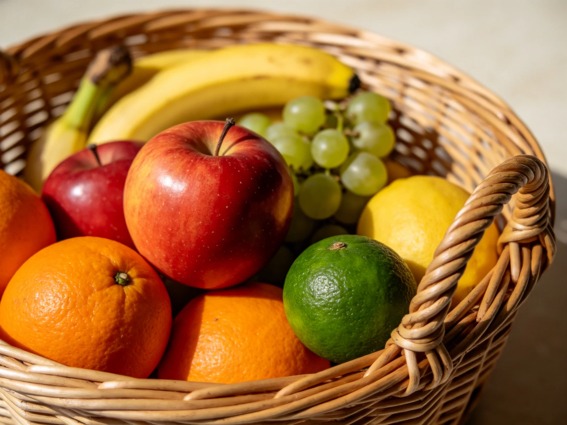 Wicker basket holds vibrant fruits including apples, bananas, and citrus
