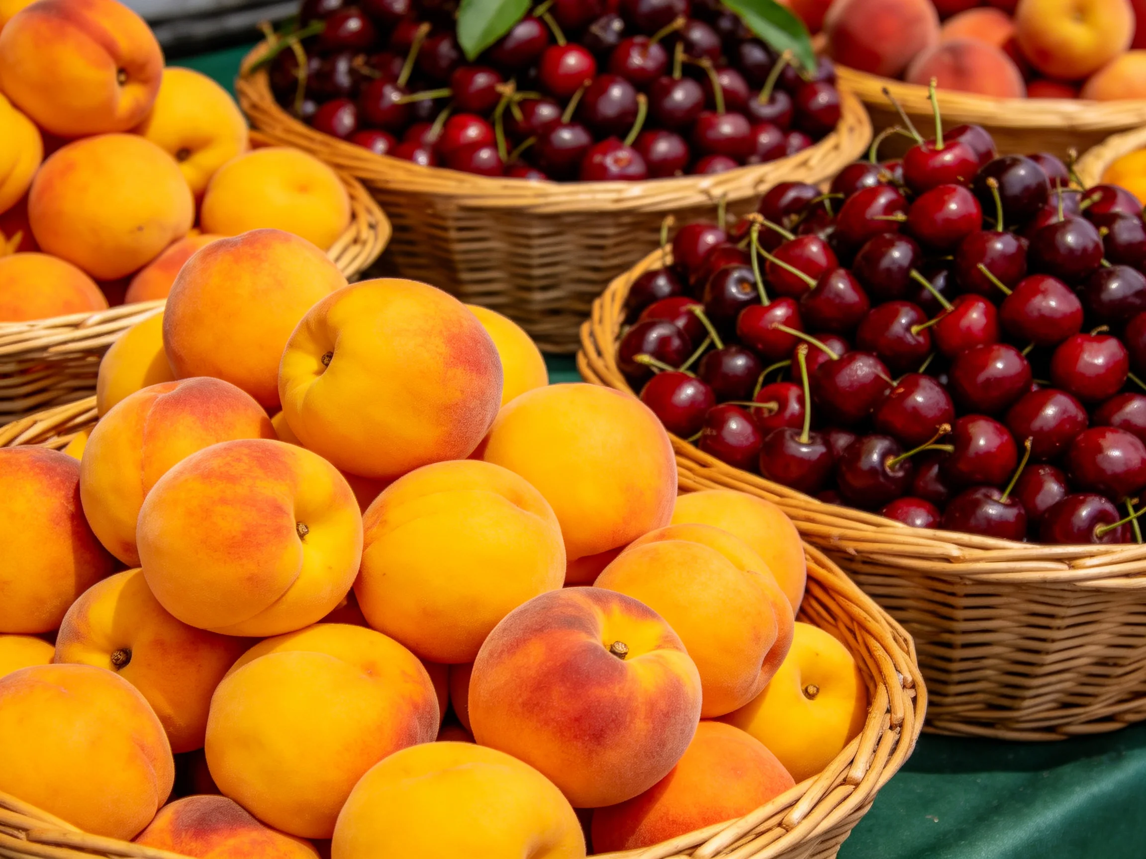 Wicker baskets filled with peaches and cherries at a market