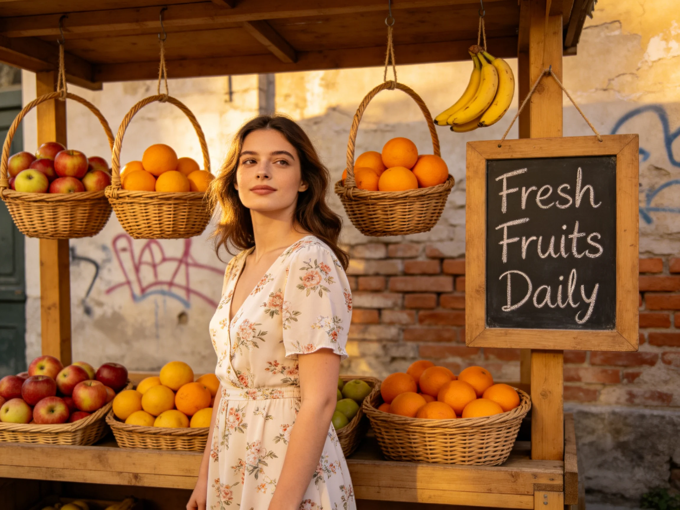 Woman near wooden fruit stand with hanging baskets of apples, oranges, and bananas