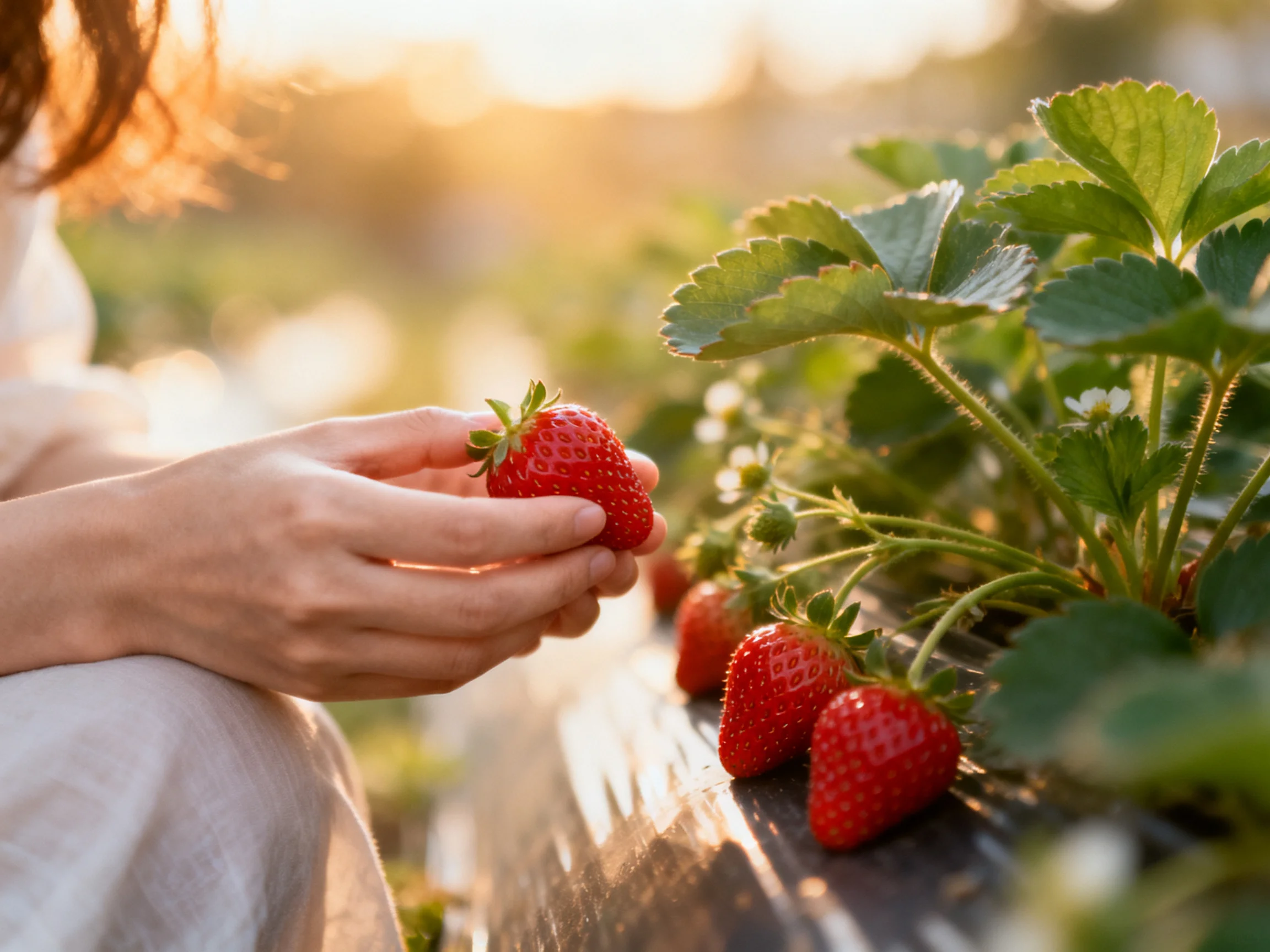 Woman picking vibrant red strawberries in a sunlit garden