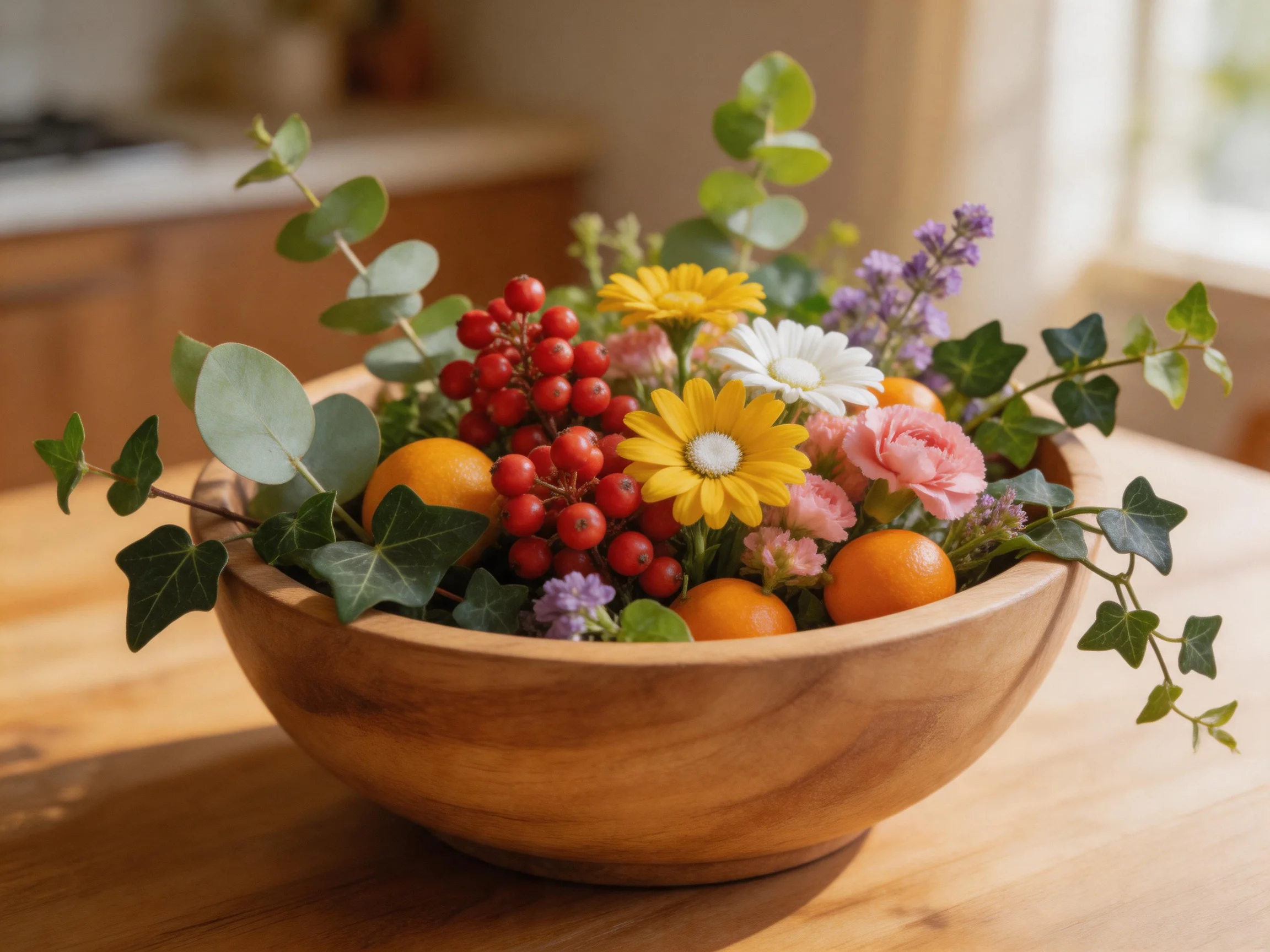 Wooden bowl filled with colorful flowers, berries, and citrus fruits
