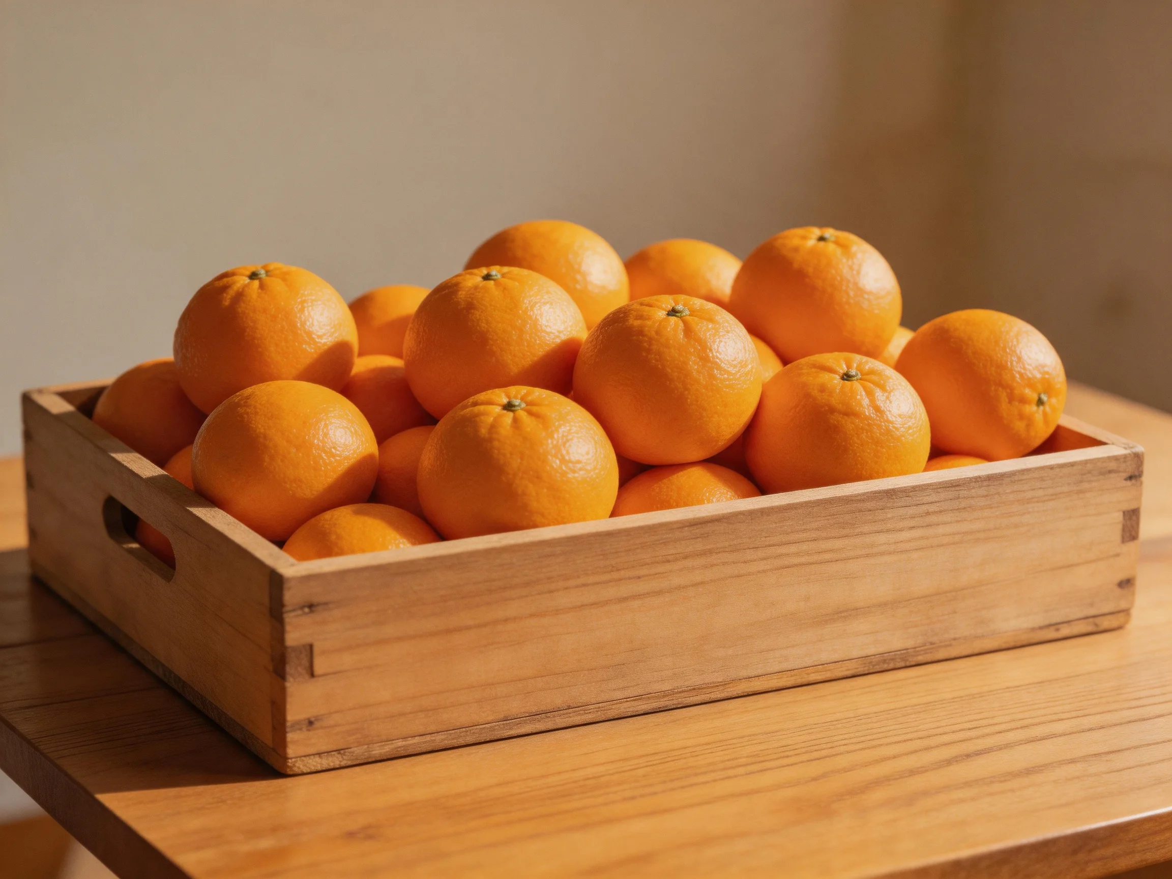 Wooden crate filled with numerous bright orange citrus fruits