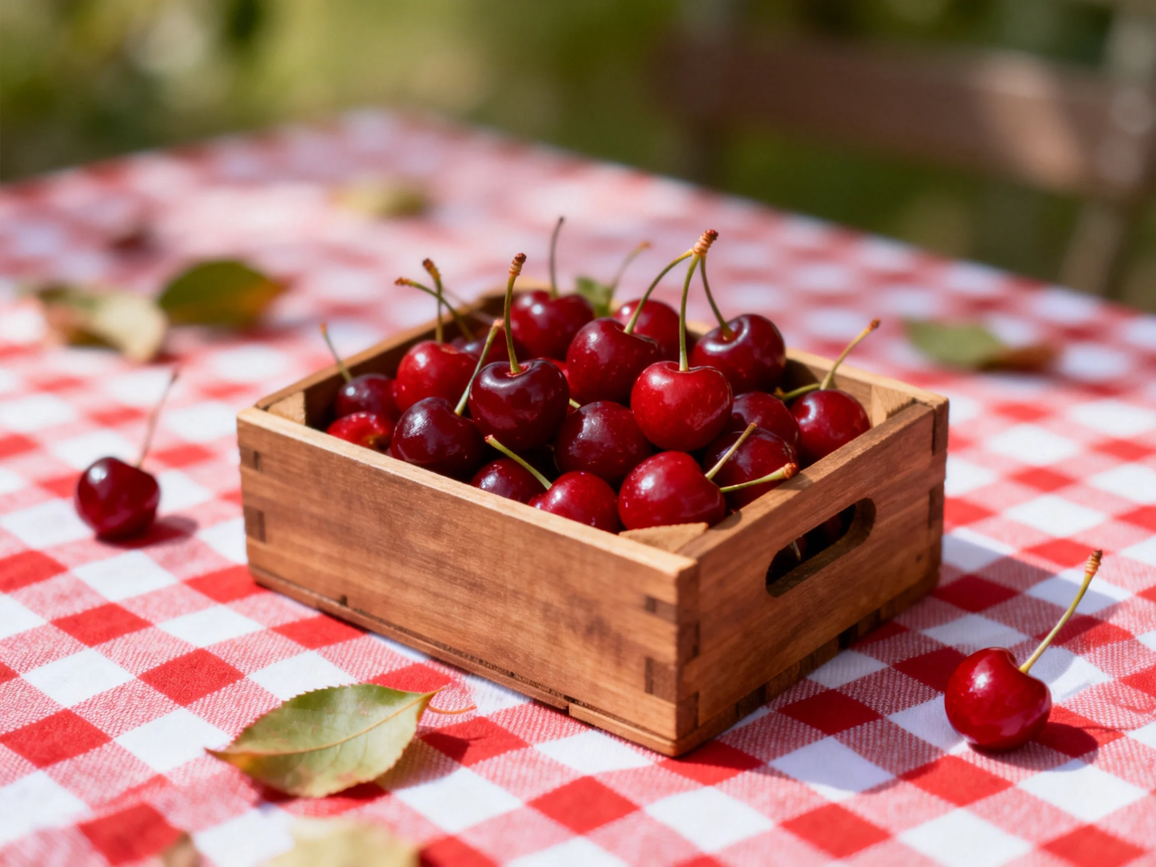 Wooden crate overflowing with red cherries sits on checkered picnic cloth