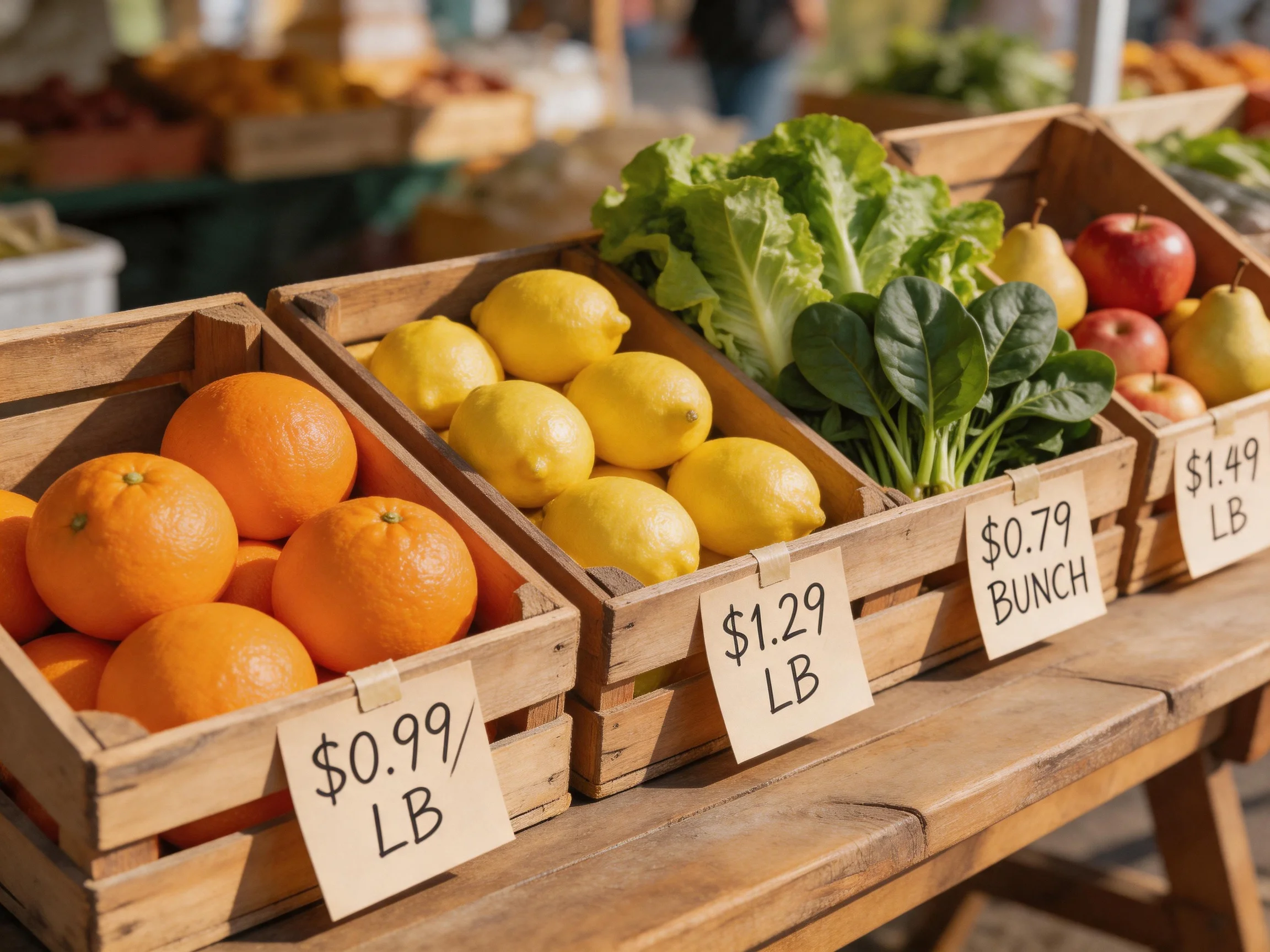 Wooden crates display vibrant citrus, leafy greens, and assorted fruits at an outdoor market