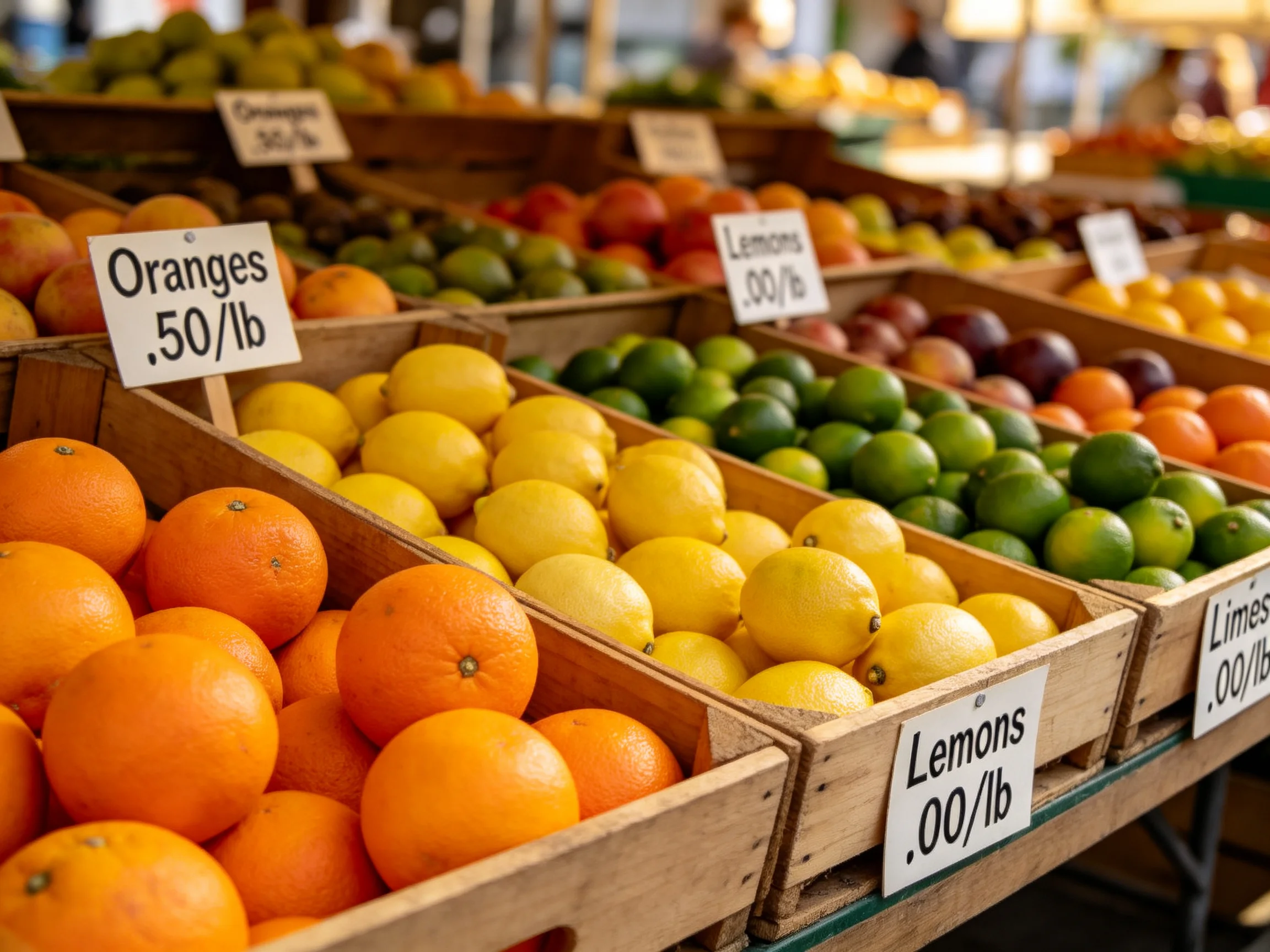 Wooden crates hold vibrant citrus fruits like oranges, lemons, and limes at a market
