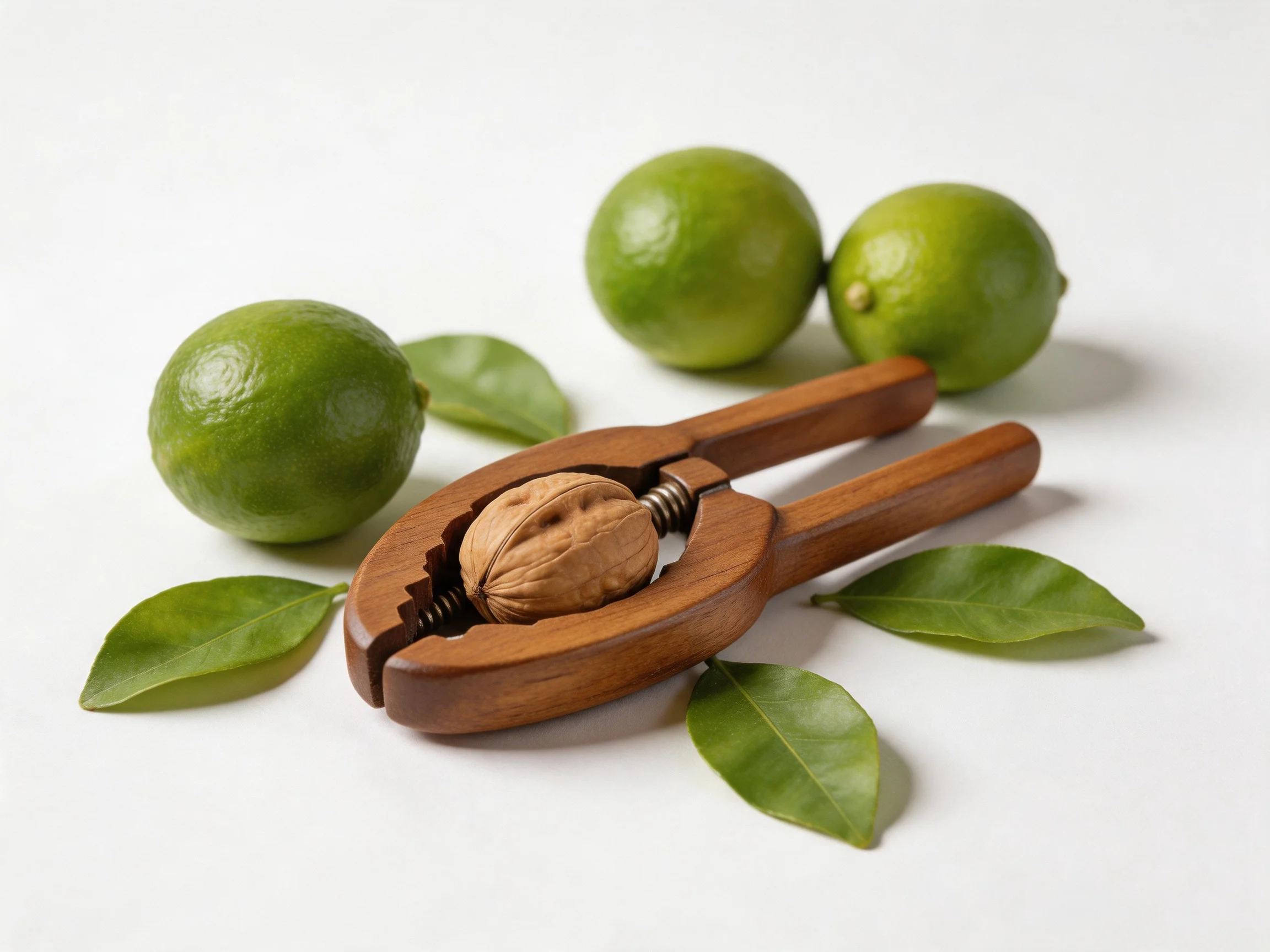 Wooden nutcracker with walnut near three green limes and leaves