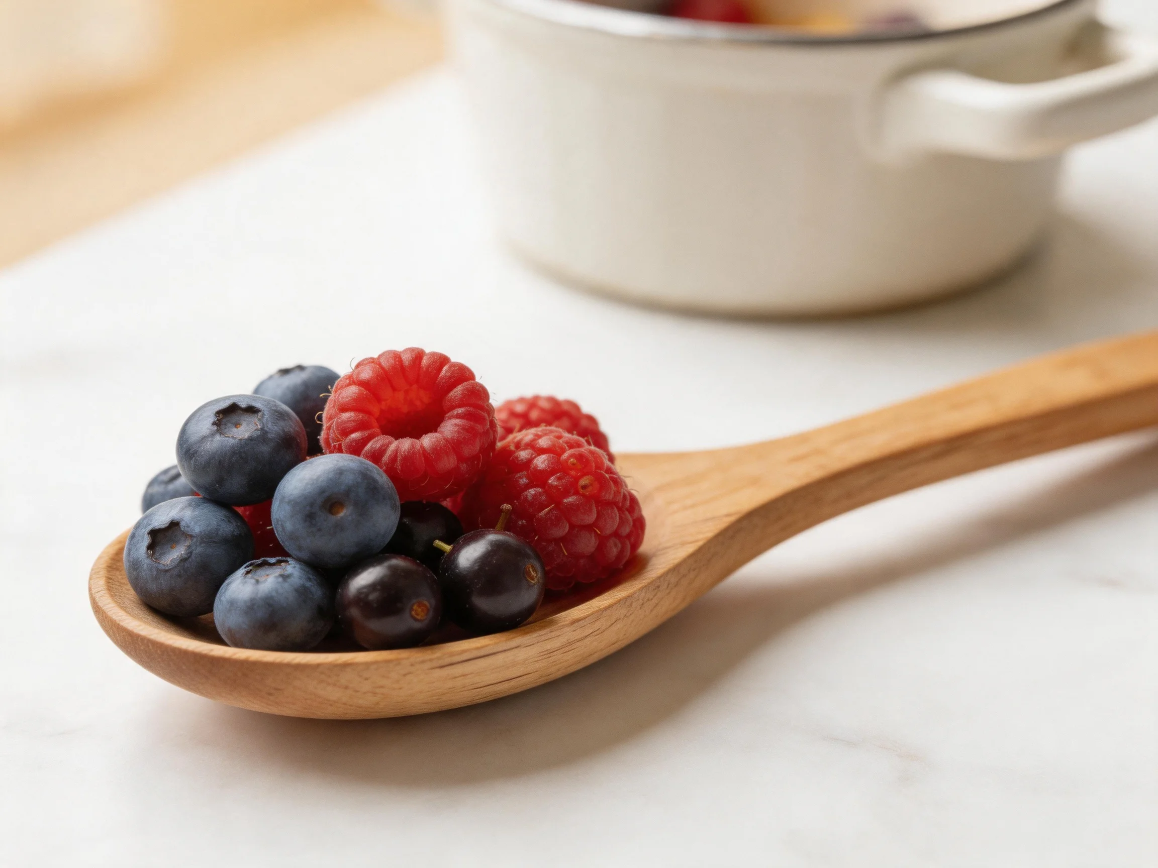 Wooden spoon holds blueberries, raspberries, and dark berries on a white surface