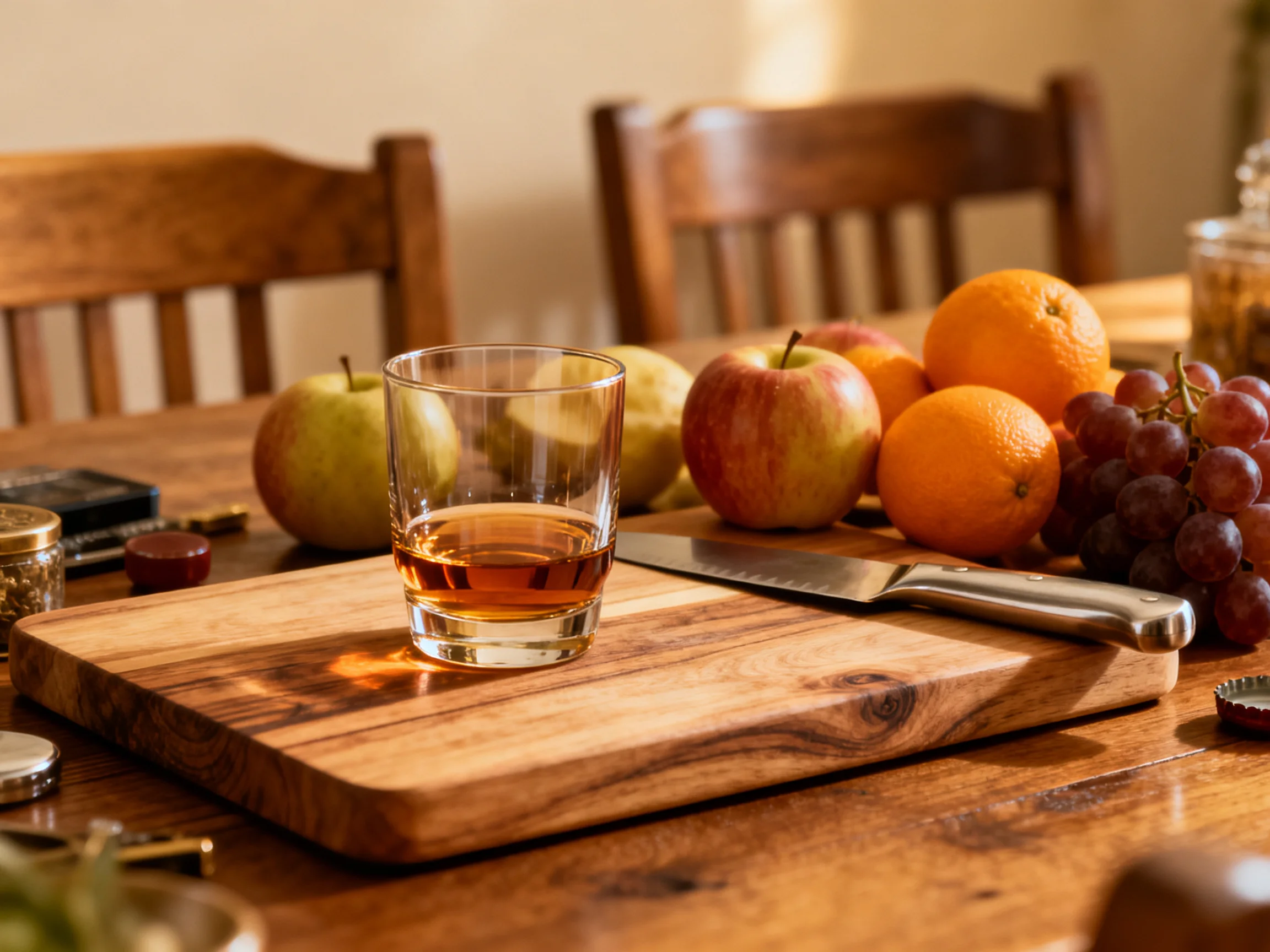 Wooden table with fruits, glass, and knife on a cutting board