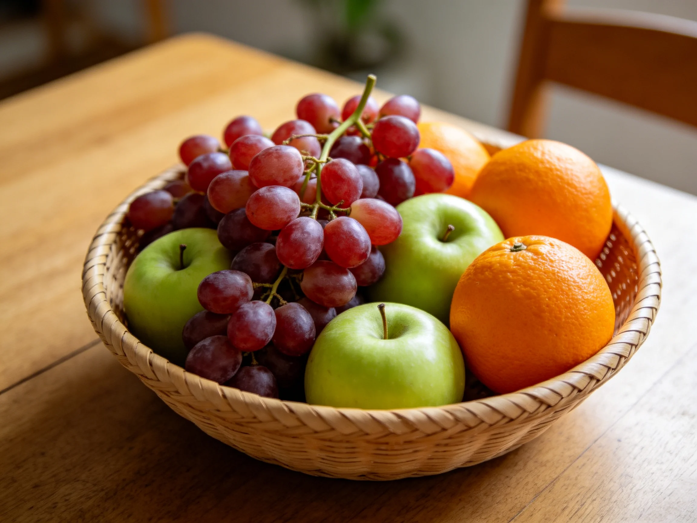 Woven basket holds green apples, purple grapes, and oranges
