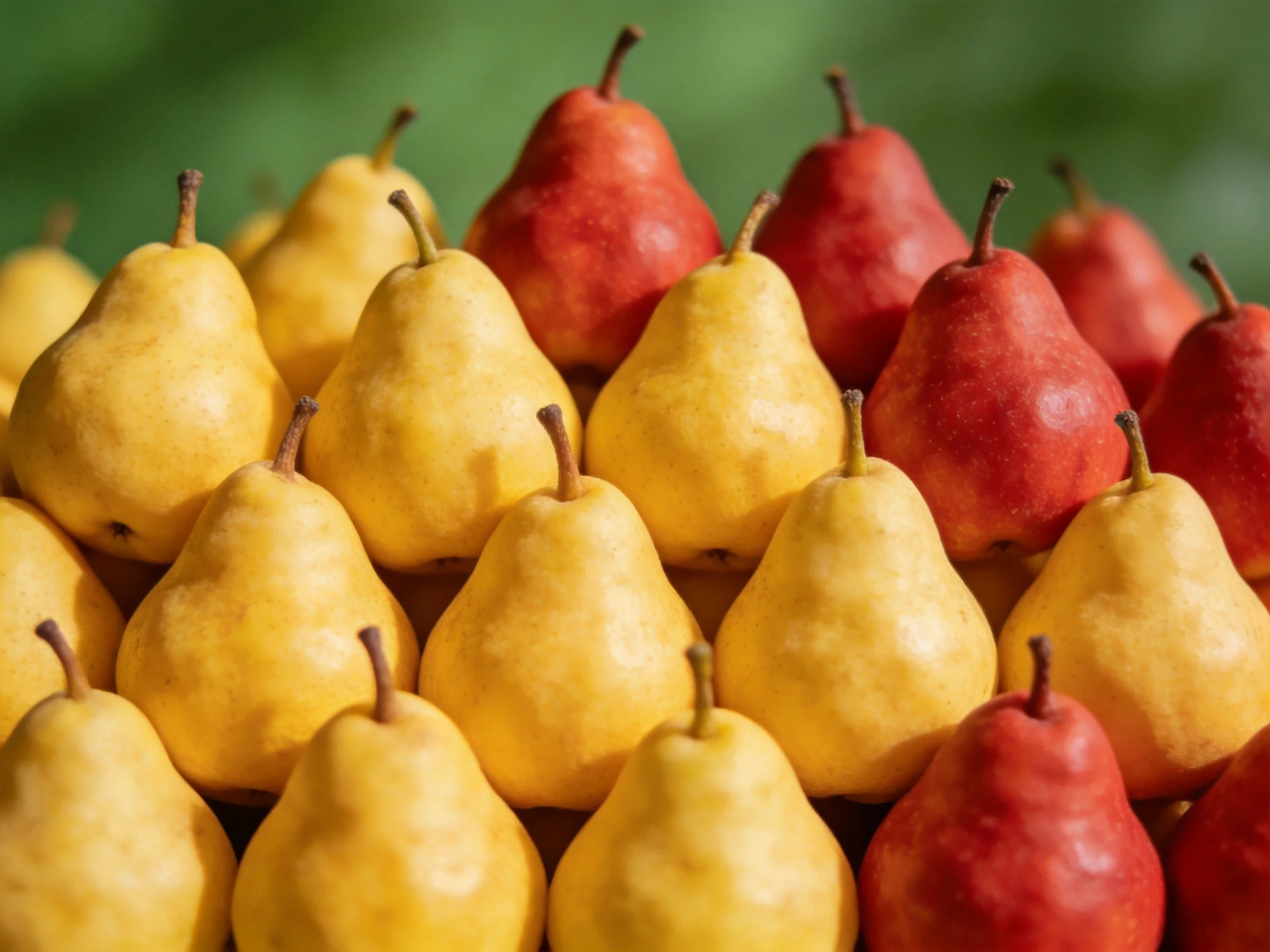 Yellow and red pears arranged in organized rows