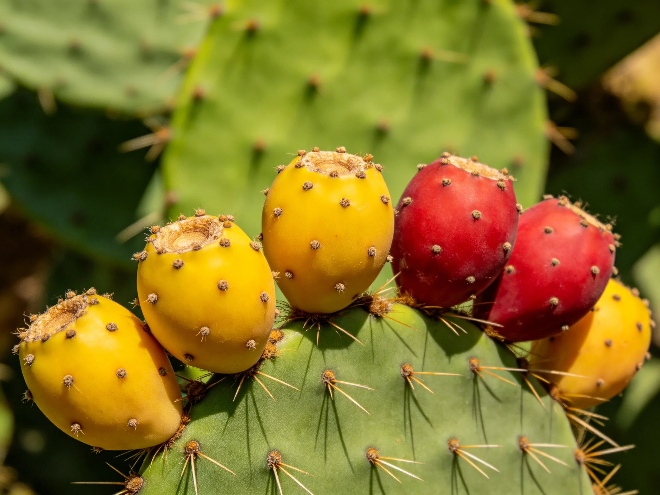 Yellow and red prickly pear fruits cluster on a green cactus pad