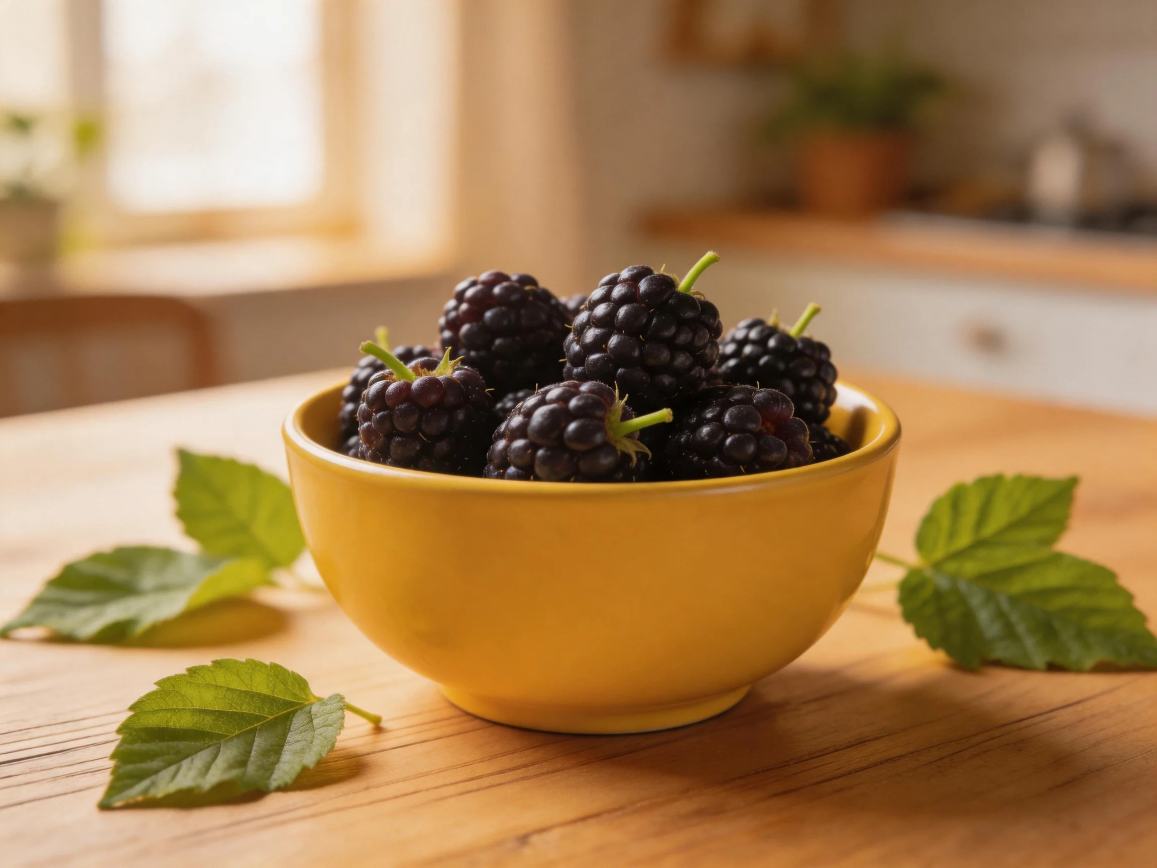Yellow bowl overflowing with dark berries on wooden table