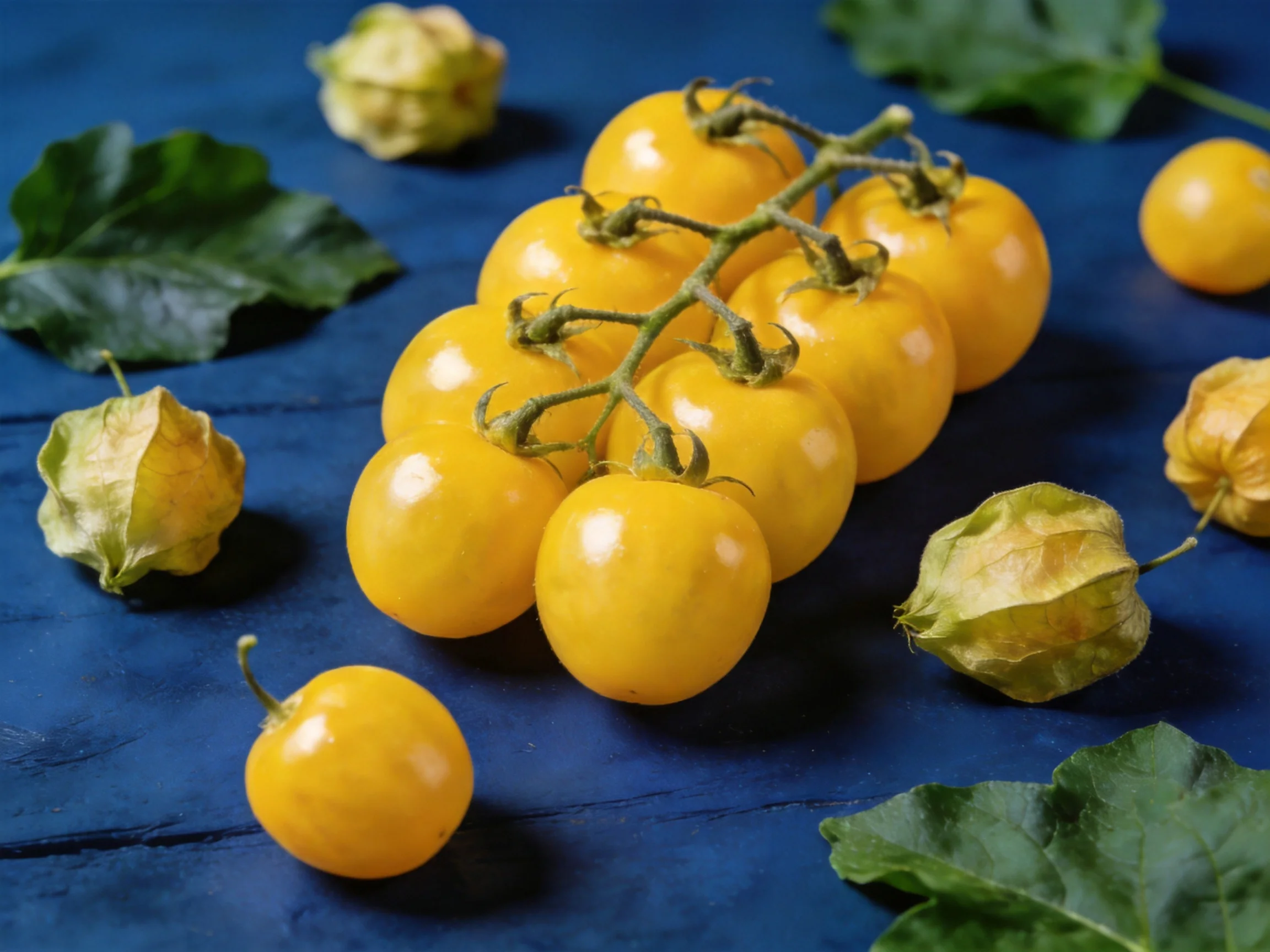 Yellow cherry tomatoes clustered with physalis fruits and green leaves on a deep blue wooden surface