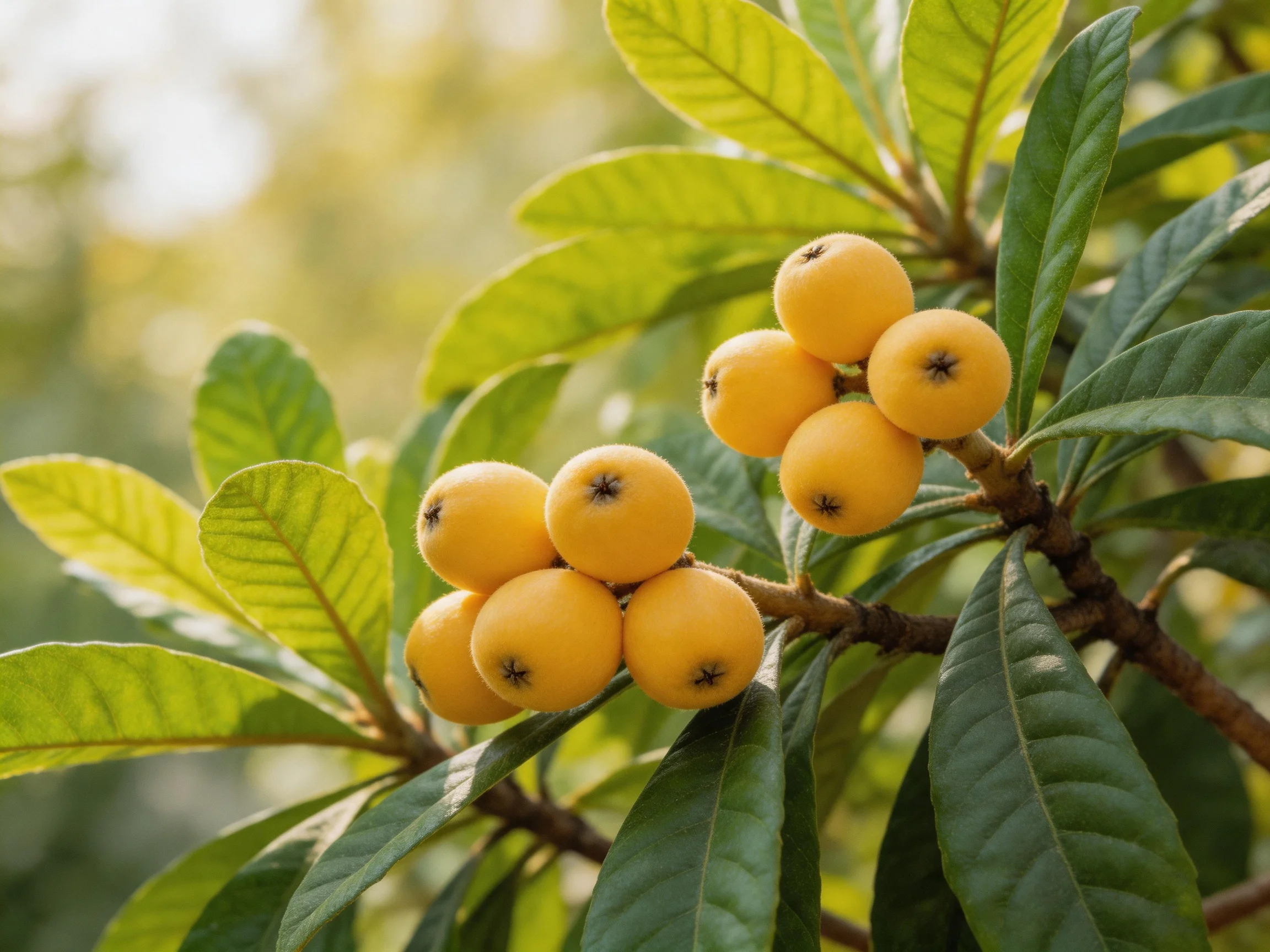 Yellow loquats cluster on branches amid glossy green leaves