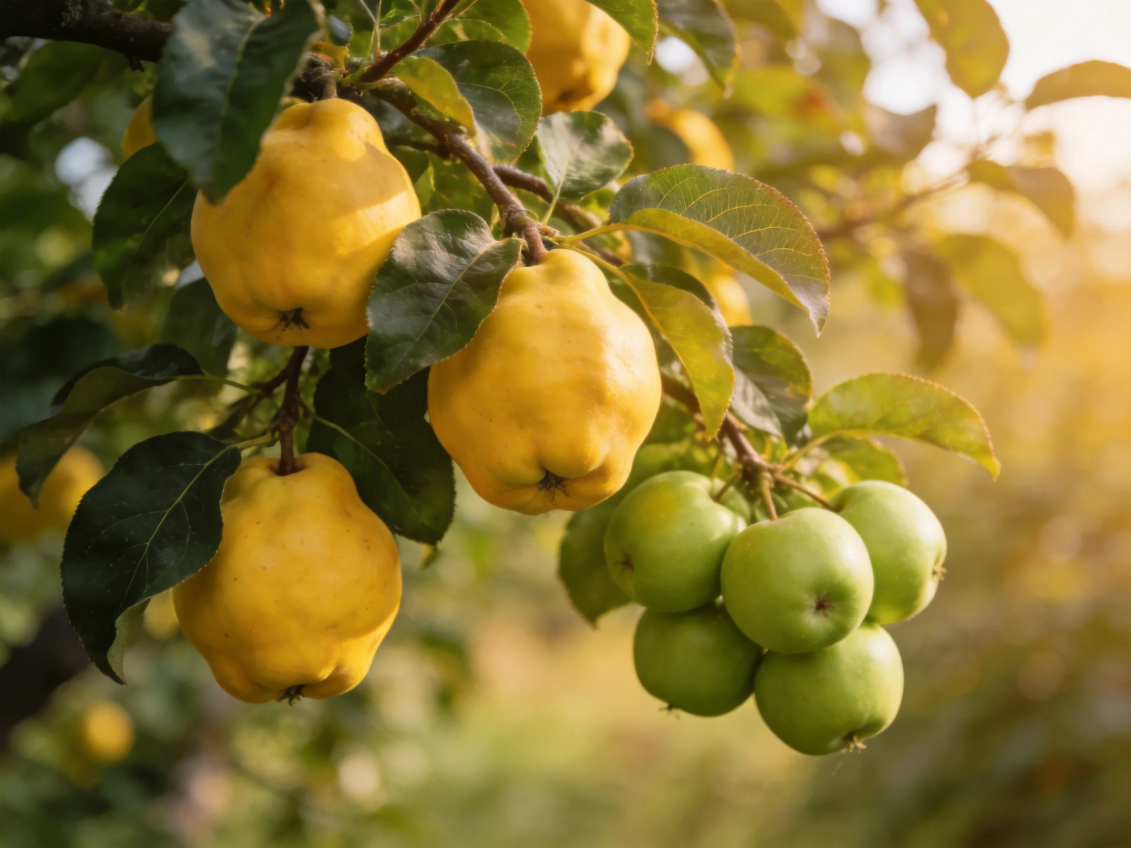 Yellow quinces and green apples hang from a sunlit tree branch