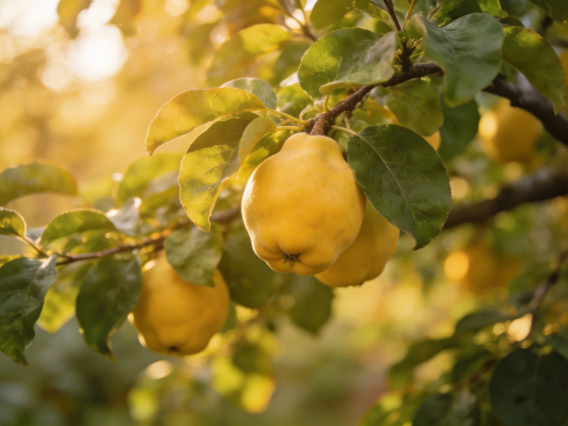 Yellow quinces hang from tree branches amid lush green leaves in warm sunlight
