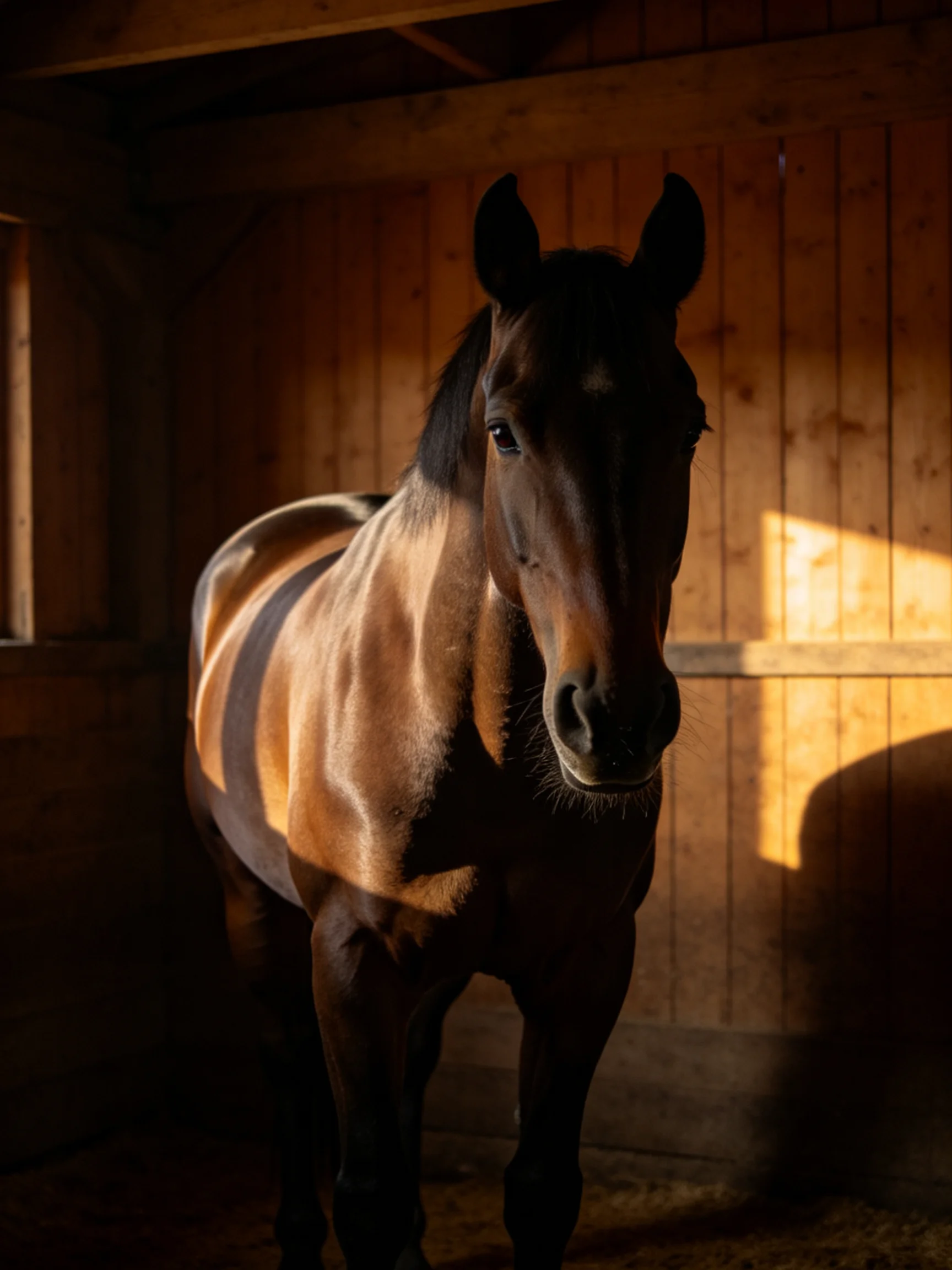 A Chestnut Horse Illuminated by Golden Light Inside a Wooden Stable