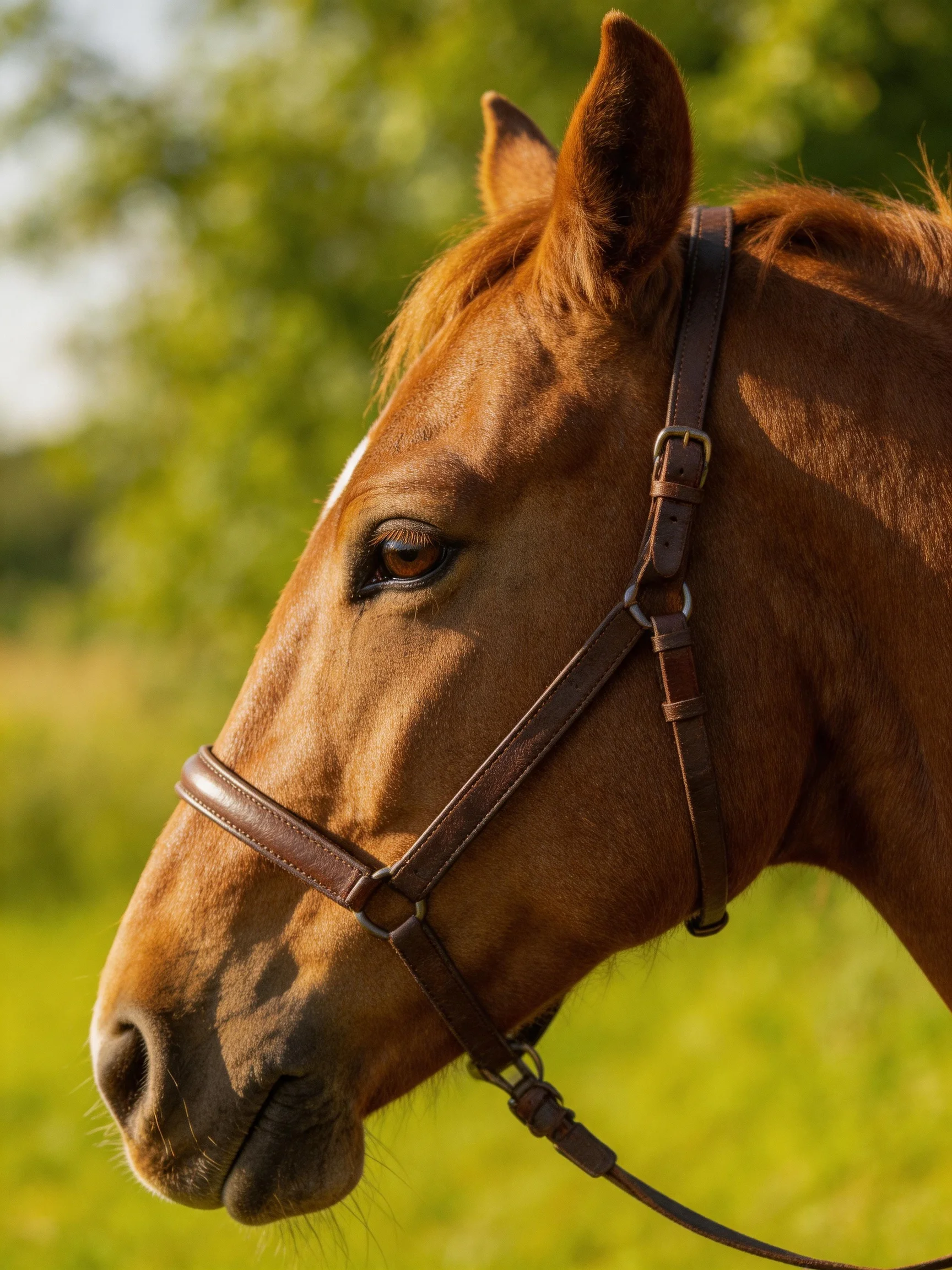 A Chestnut Horse With a Dark Brown Bridle in a Sunny Meadow