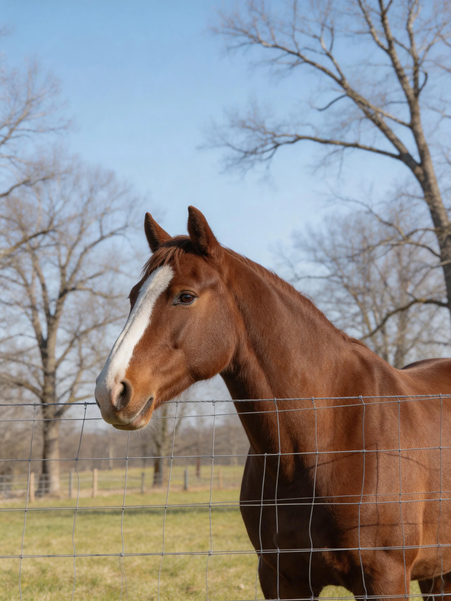 A Chestnut Horse with a White Blaze Near a Wire Fence