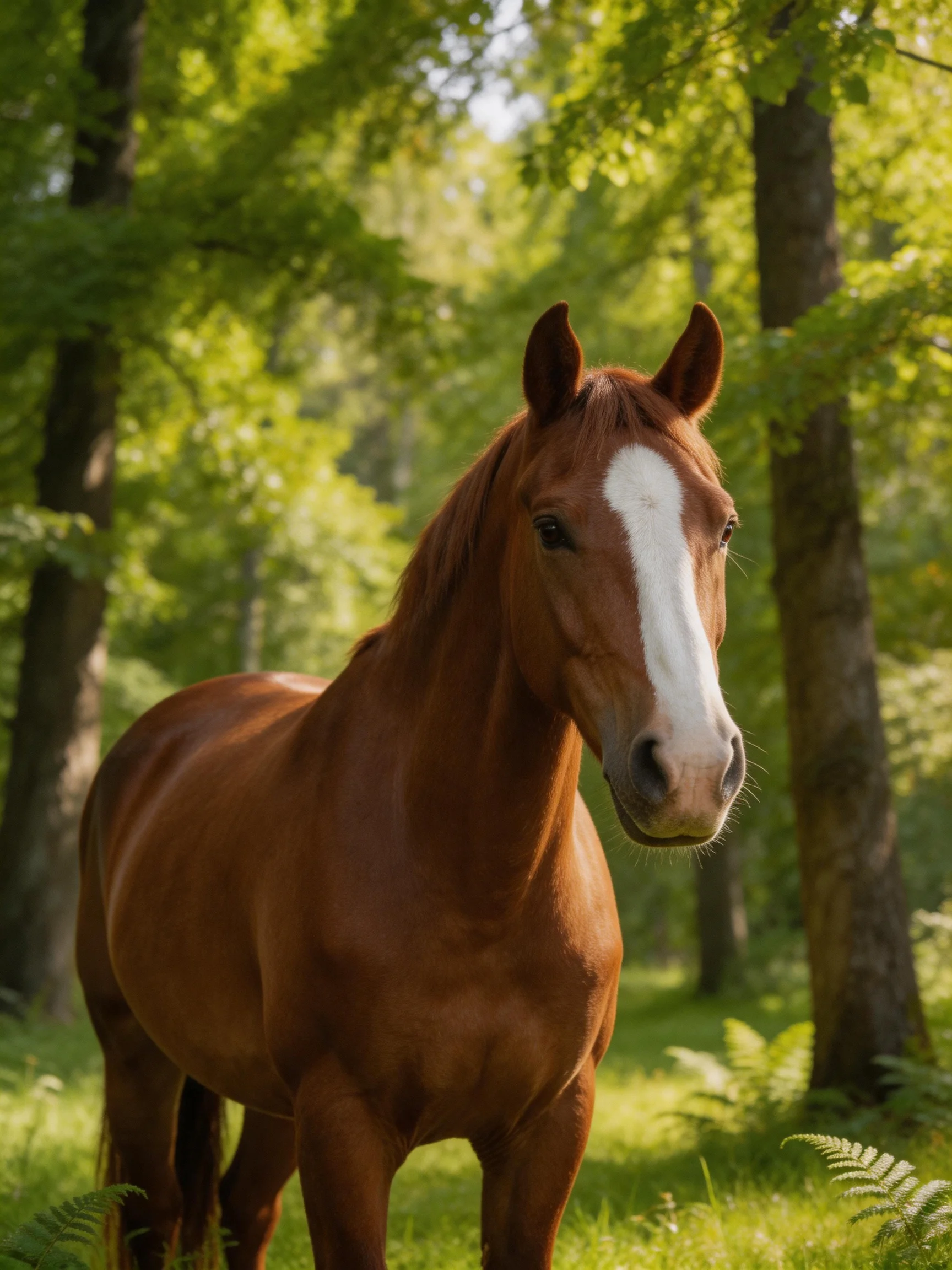 A chestnut horse with a white blaze stands in a sunlit forest glade.