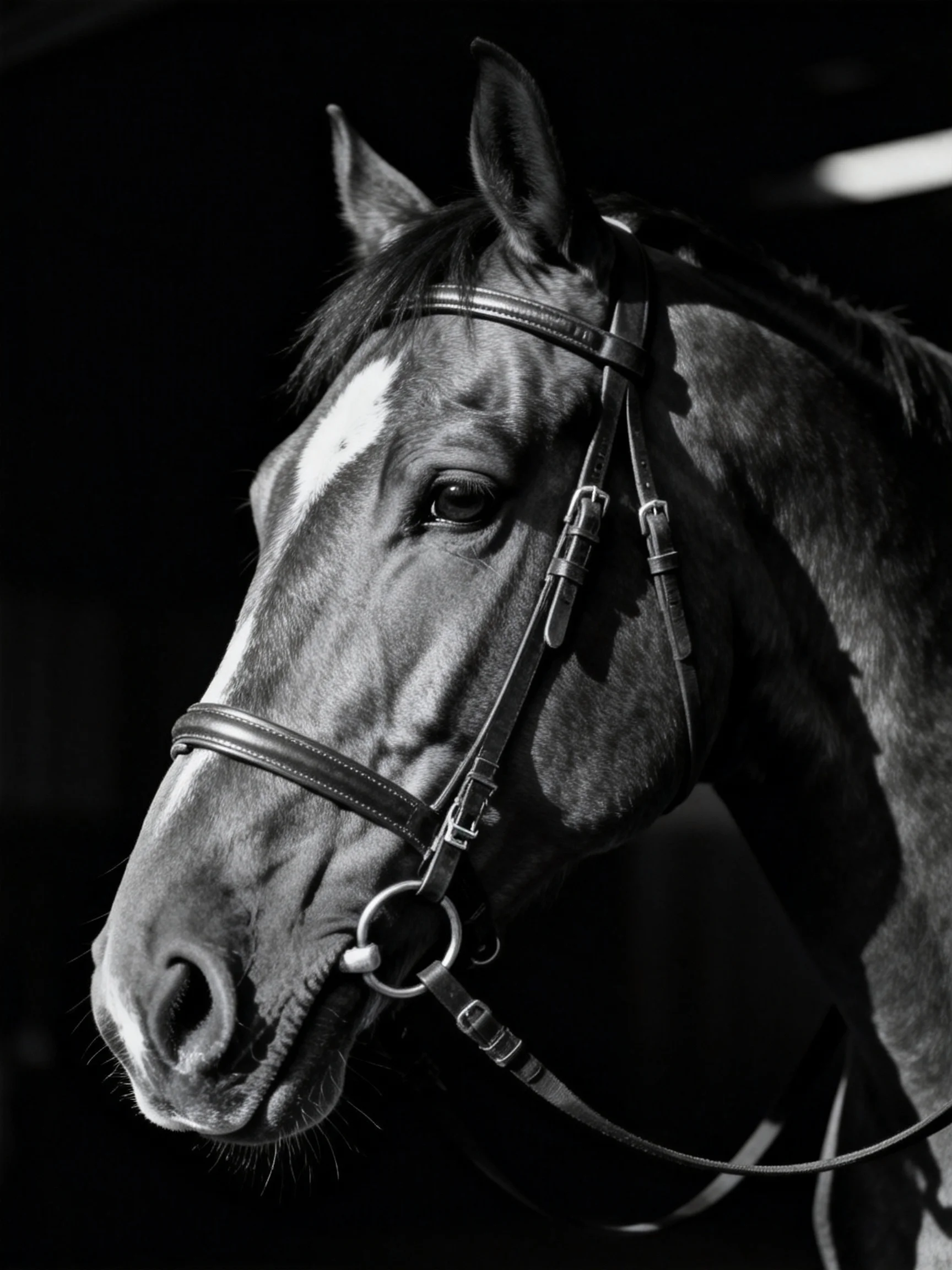 A Close-Up Black-and-White Portrait of a Horse with Bridle