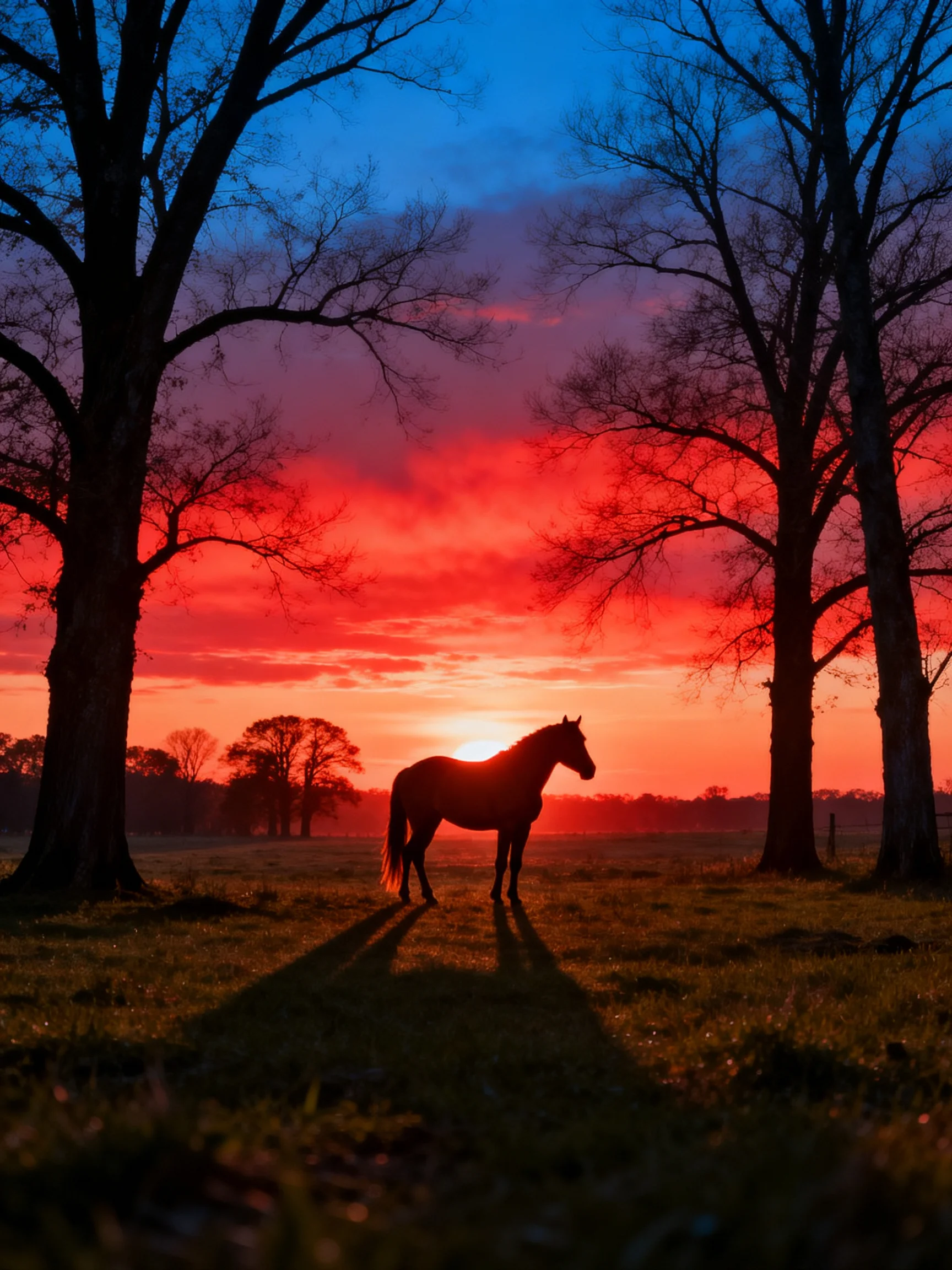 A Horse Silhouetted Against a Rich Sunset Among Tall Trees