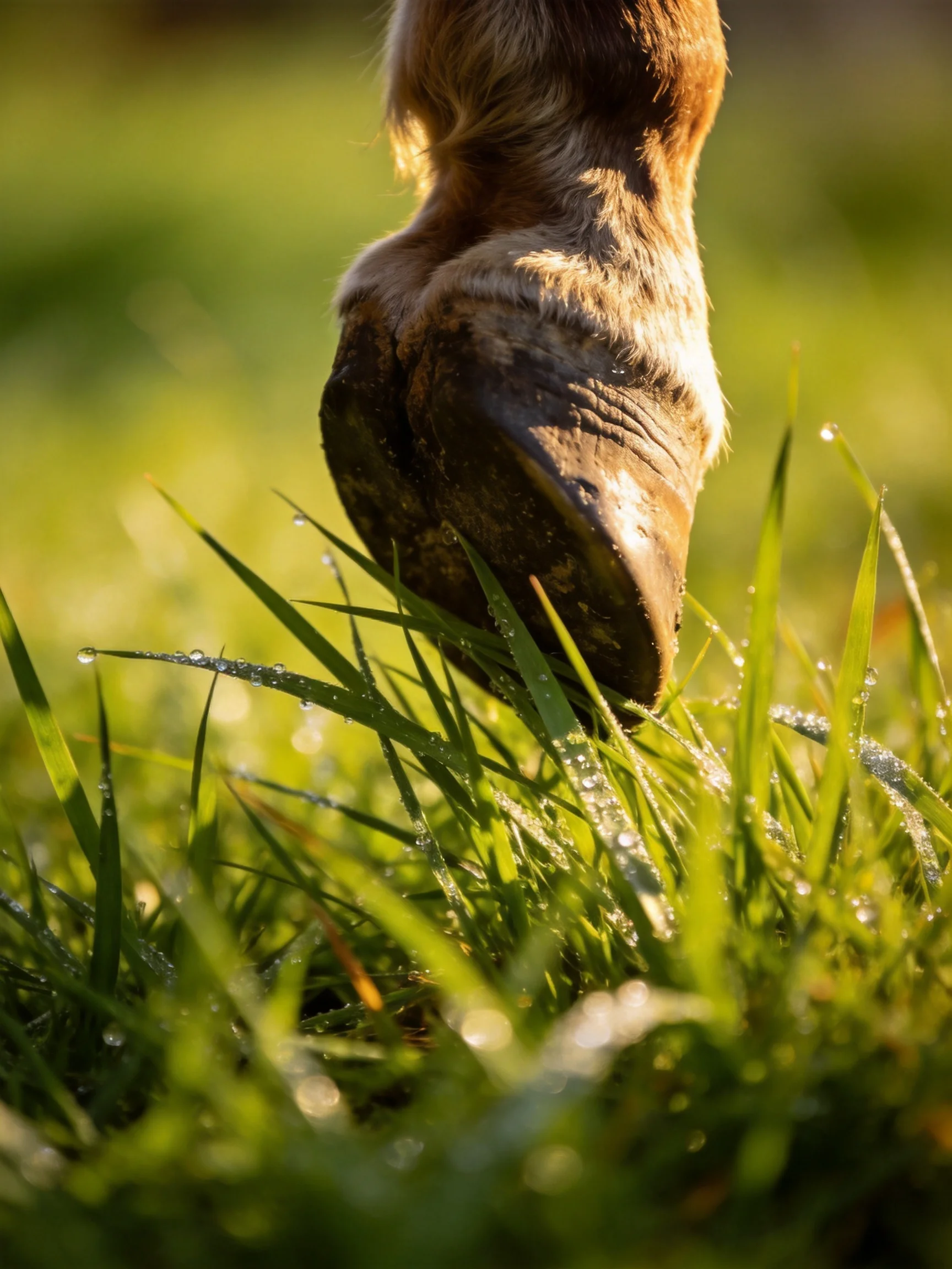 A Horse’s Hoof Stepping Into Dewy Green Grass
