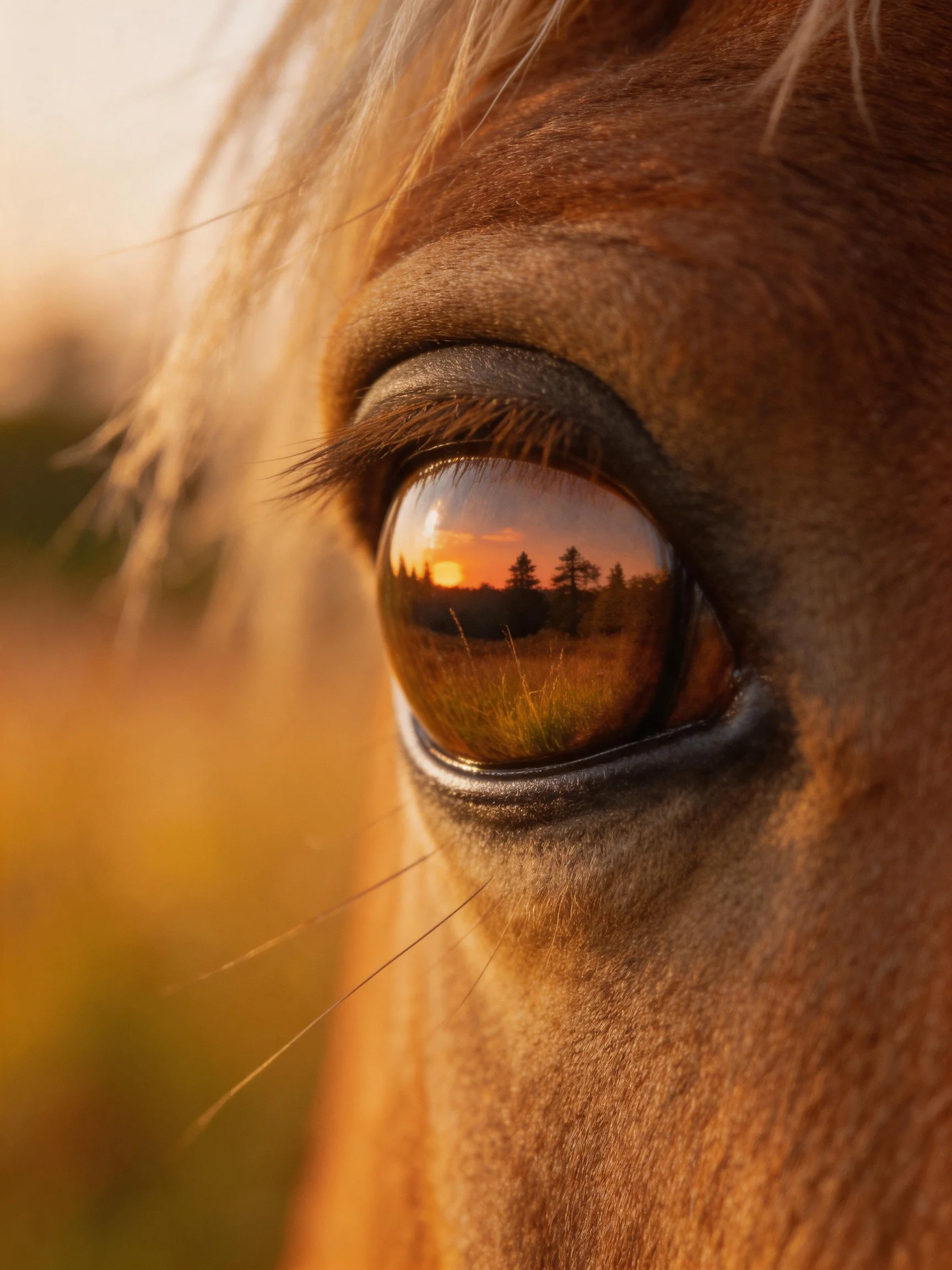 A Horses Eye Reflects Sunset Landscape with Golden Light