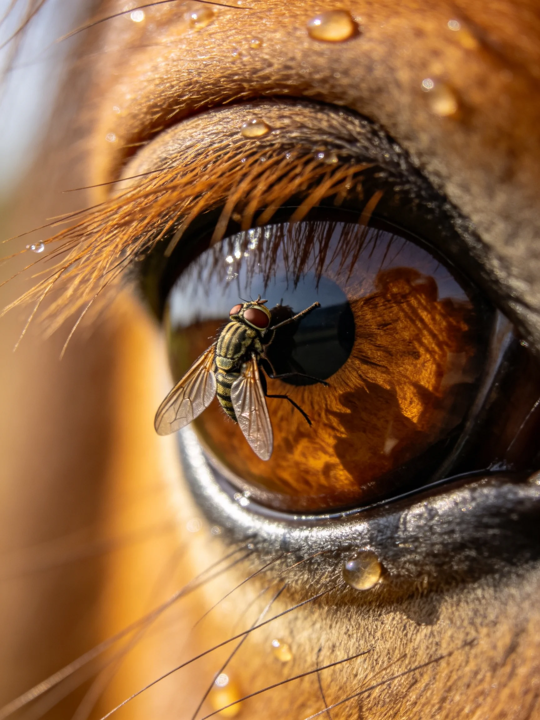 A Horses Eye with a Fly and Water Droplets, Rich Brown Tones