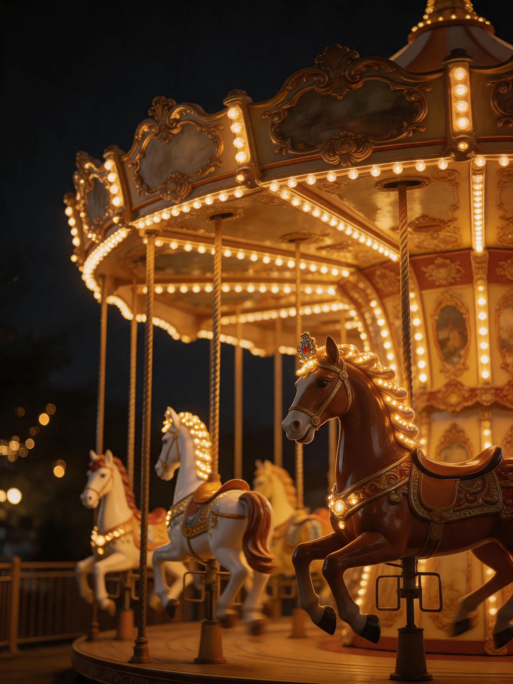 A Lavishly Illuminated Ornate Carousel with Colorful Horse Figures
