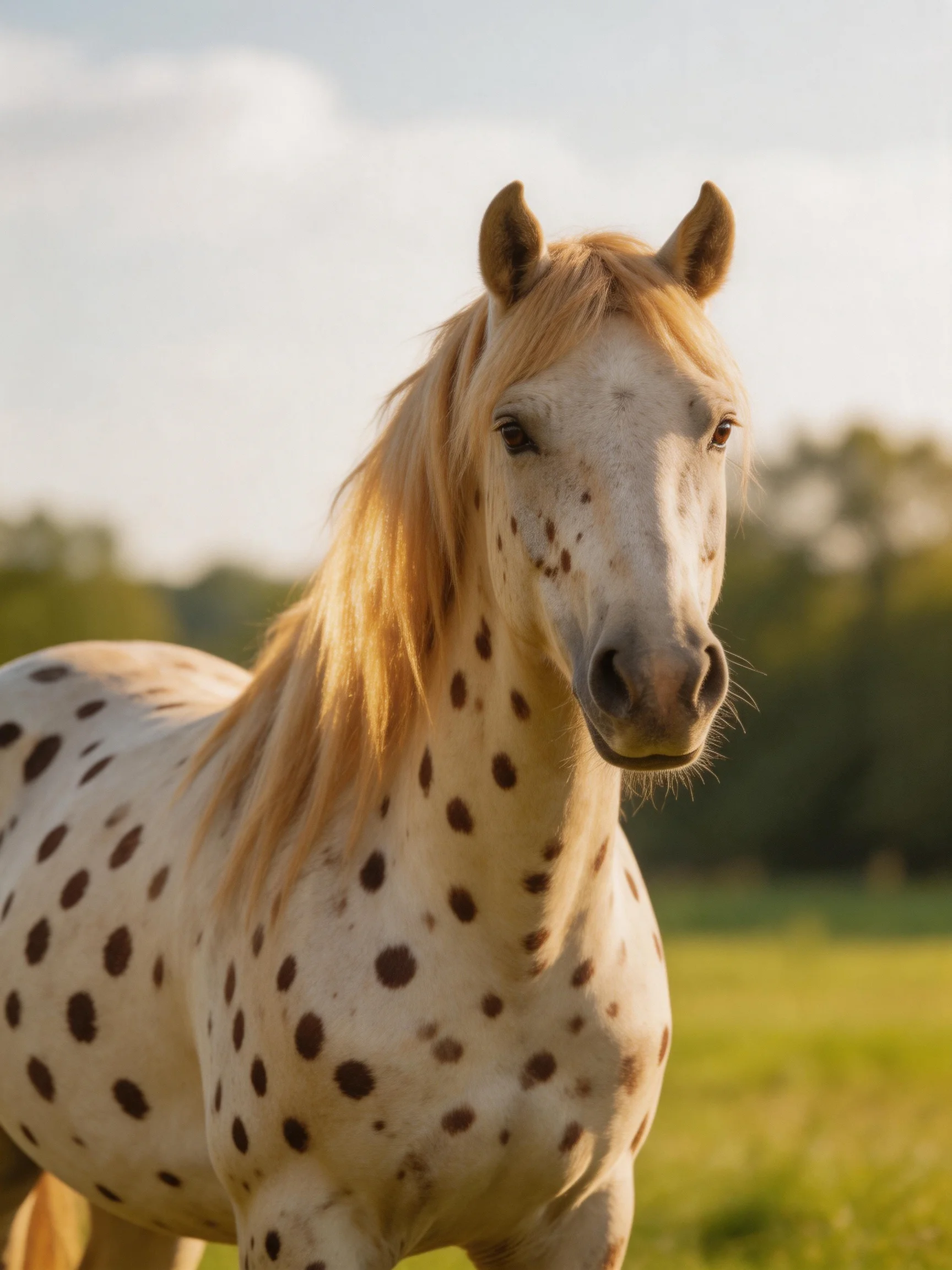 A spotted Appaloosa horse stands peacefully in a sunlit meadow.