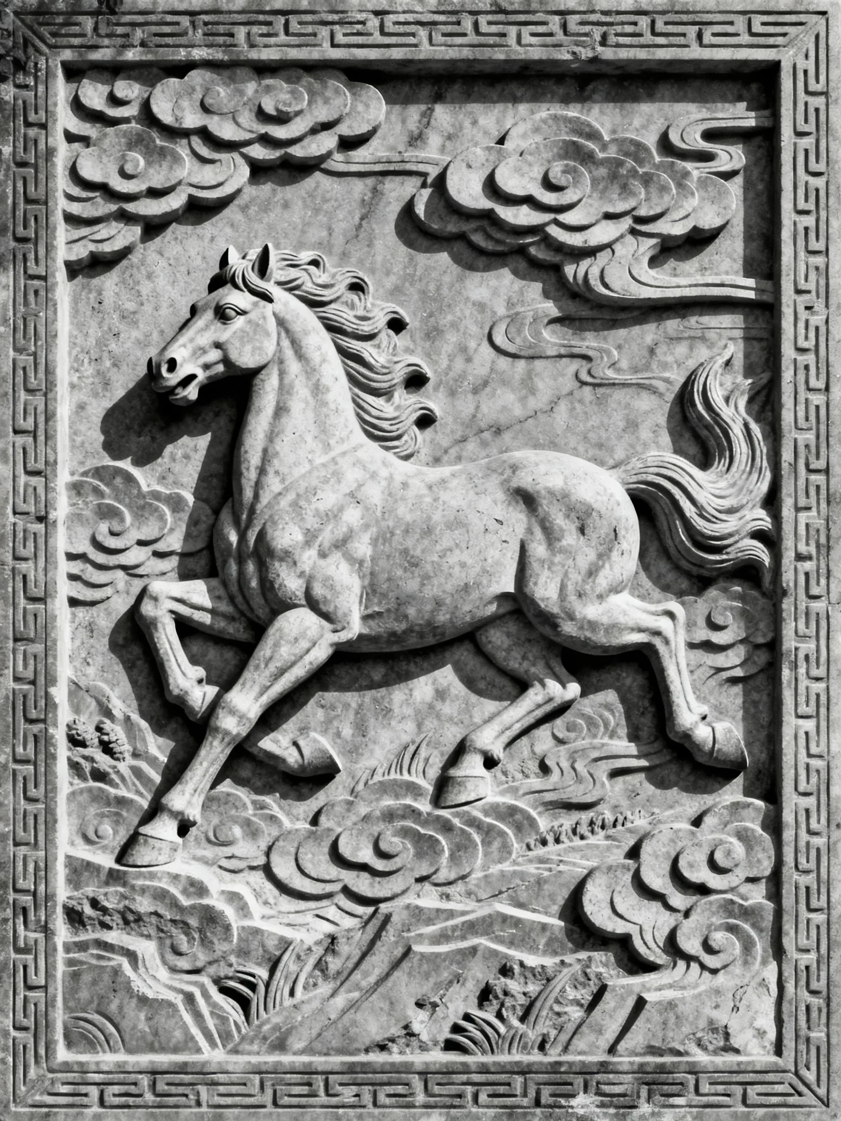 A Stone Carving of a Galloping Horse Among Stylized Clouds