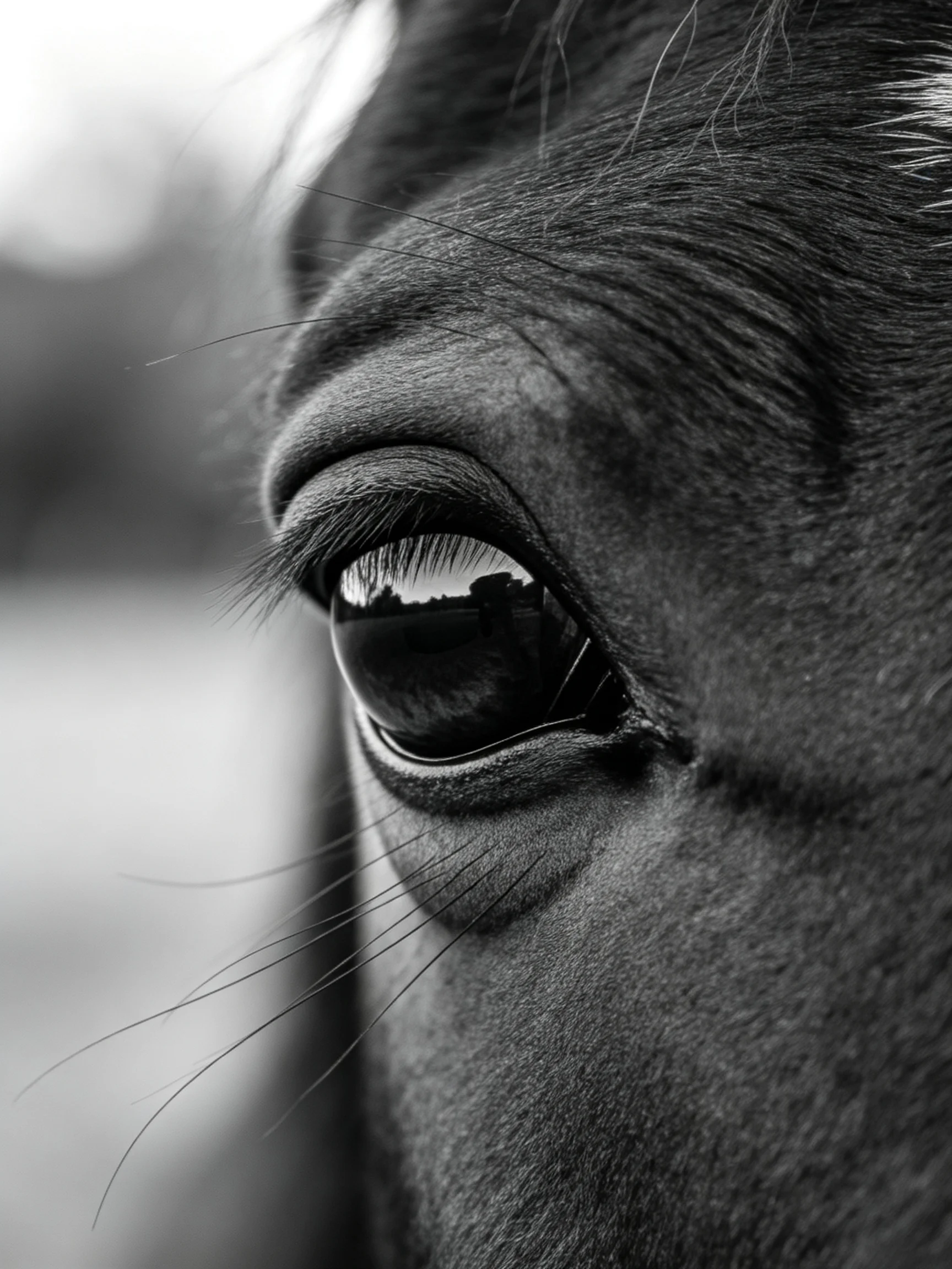 A black - and - white close - up highlights a horse’s eye and facial features.