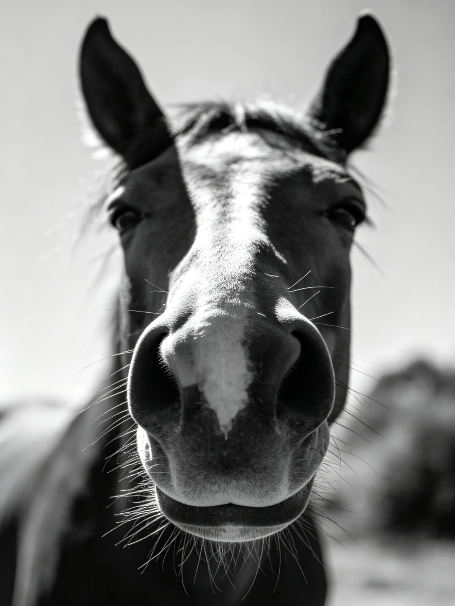 A black - and - white close - up of a horses detailed facial features