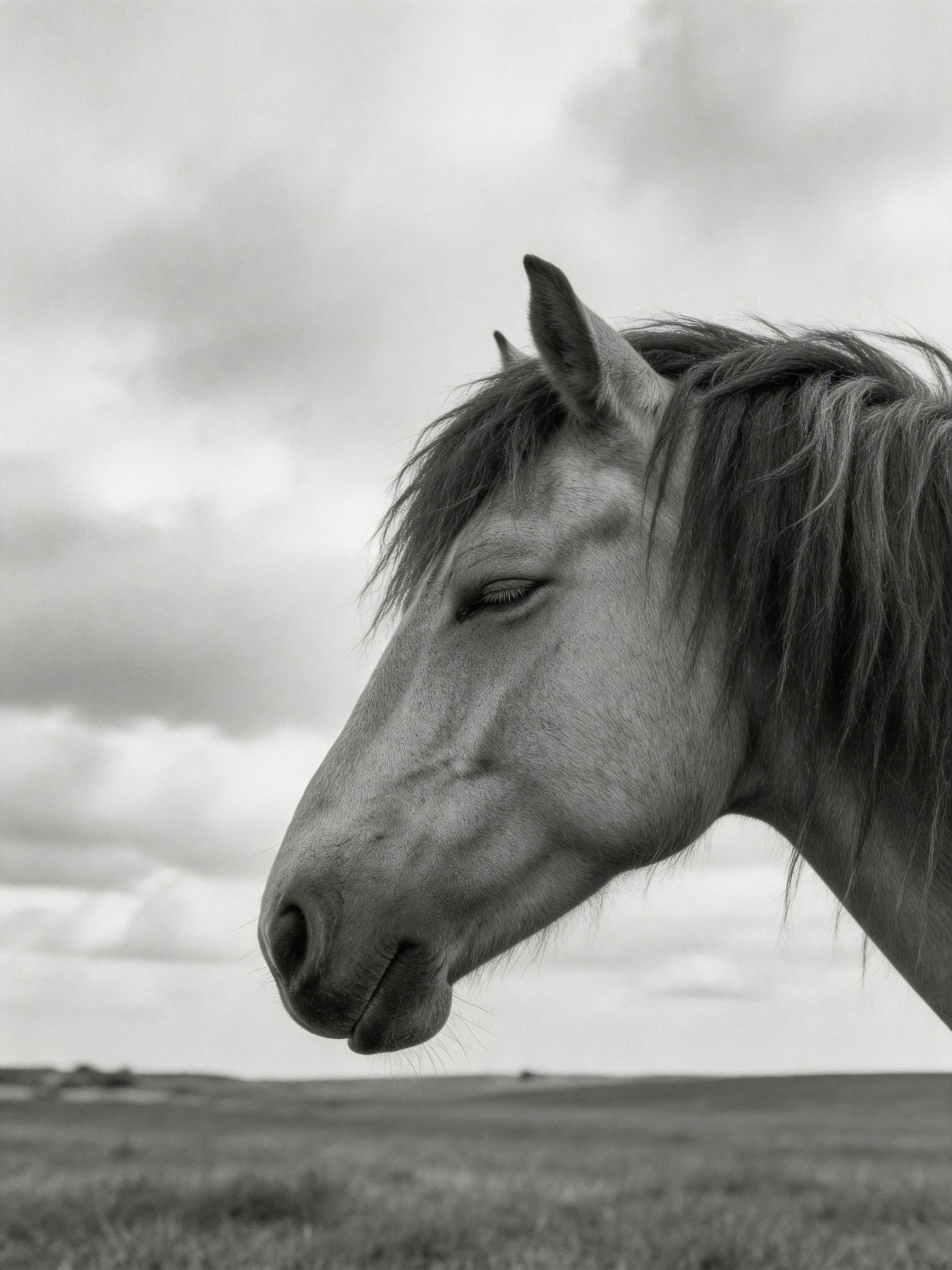 A black - and - white photograph shows a horses profile in an open landscape.