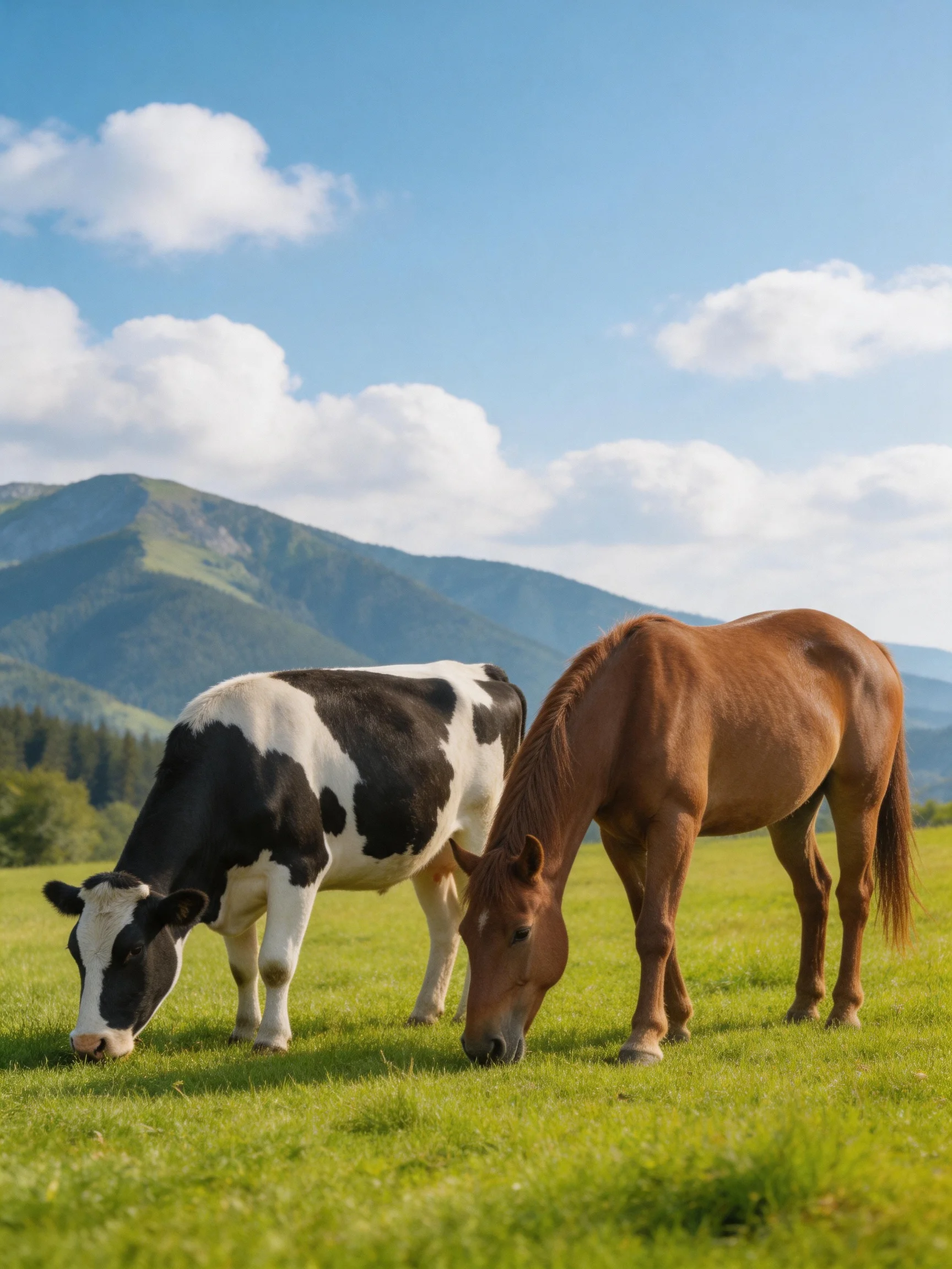A black - and - white cow and brown horse graze in a lush meadow with distant mountains