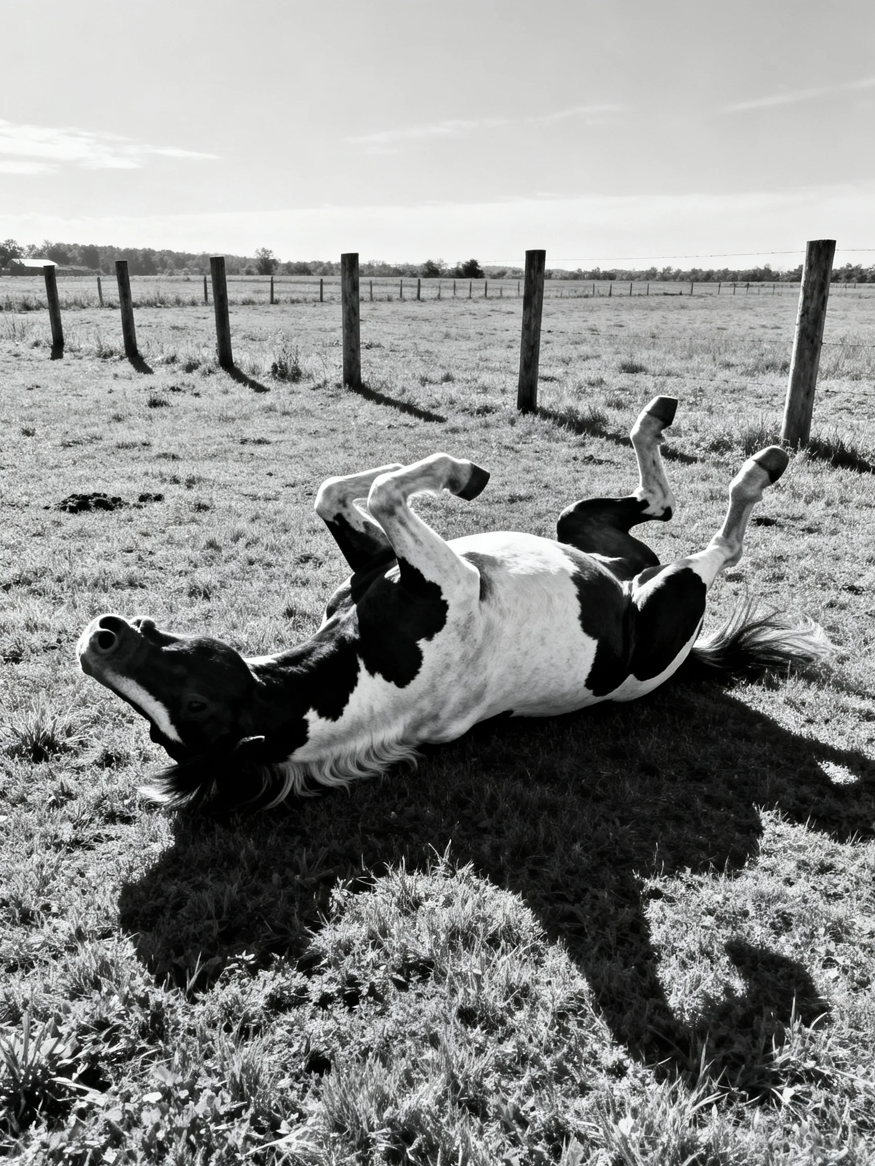A black - and - white horse rolls in a fenced pasture near wooden posts