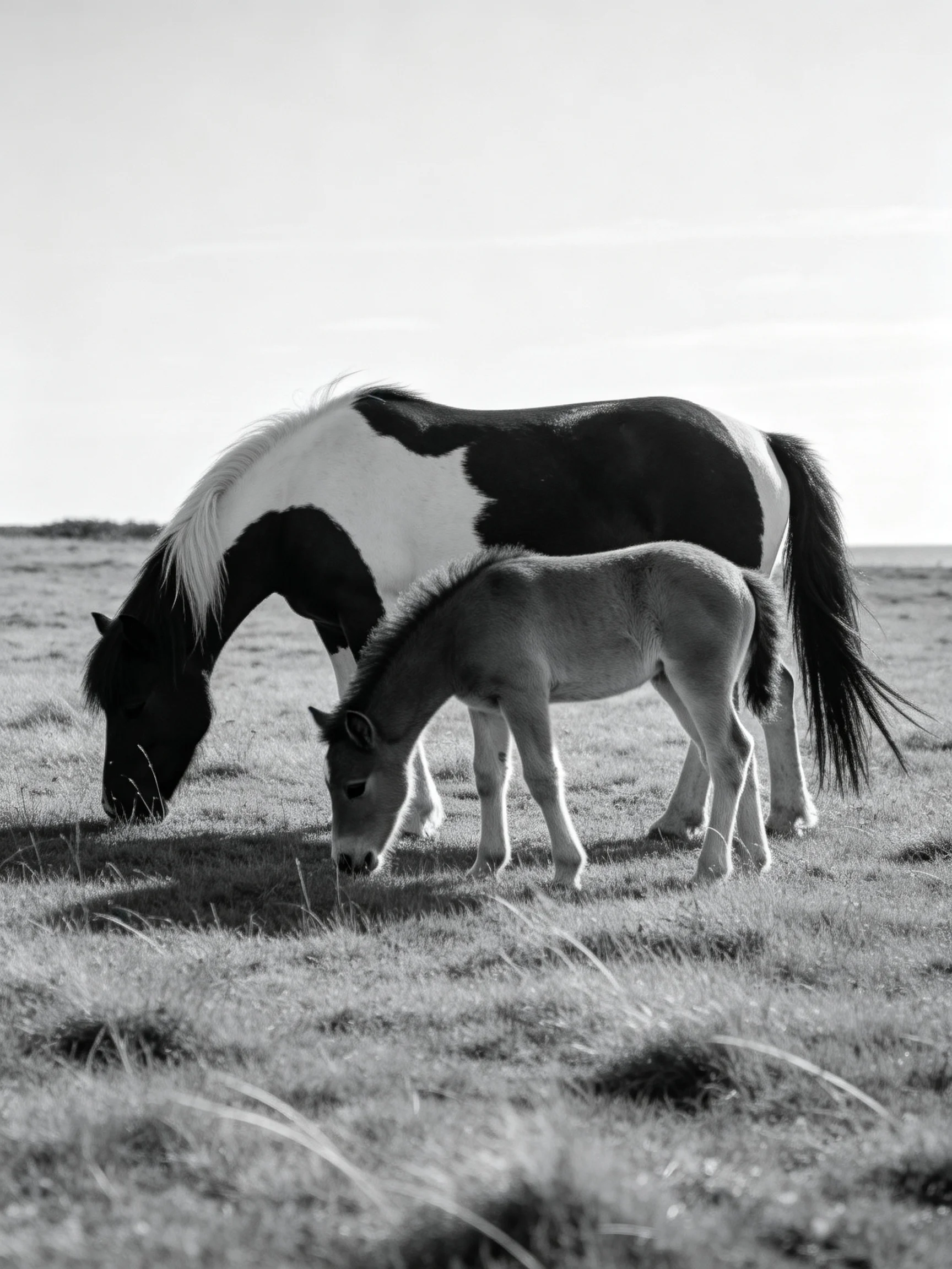 A black and white adult horse and a brown foal graze together in an open field