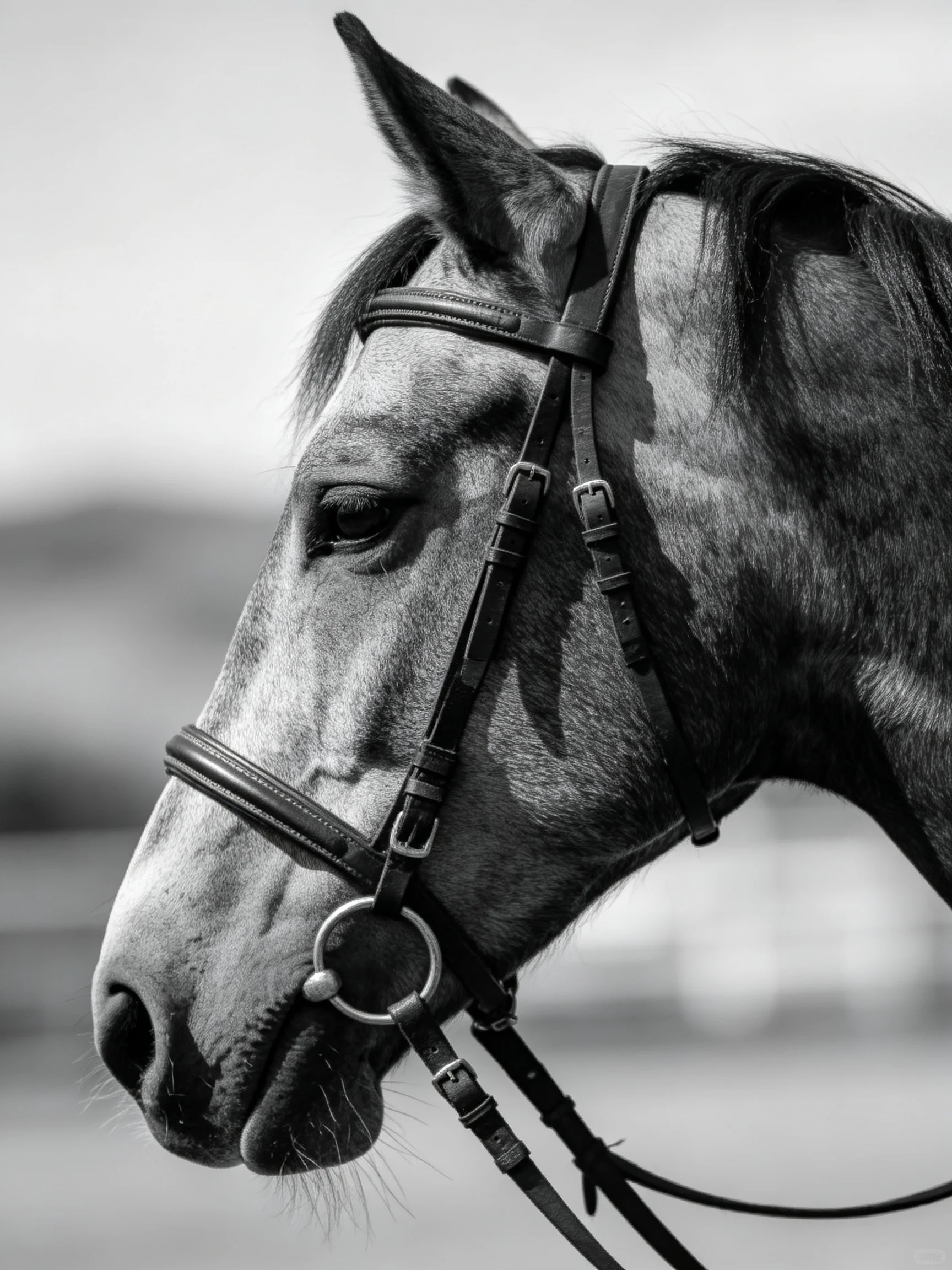 A black and white close - up shows a horse wearing a bridle.